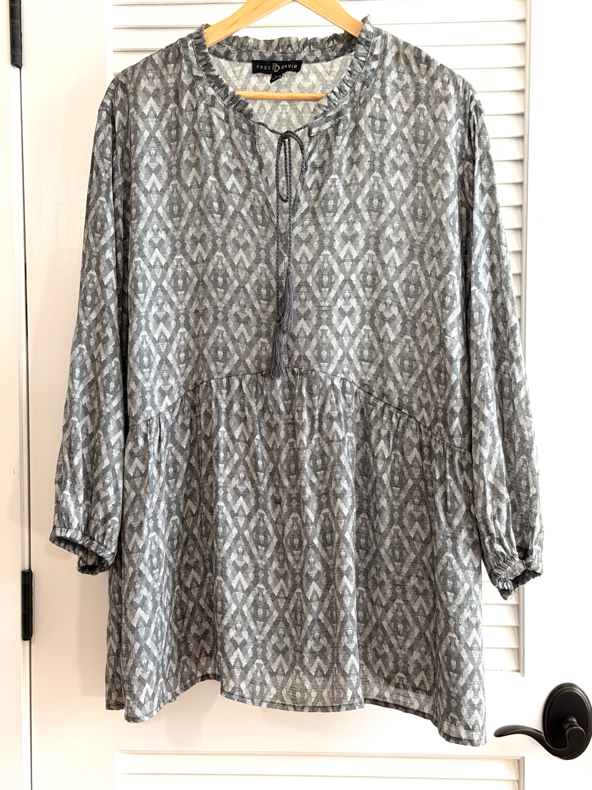 Fred David 3X Gray Boho Tunic Top Tie Neck Long Sleeve Babydoll Plus Size