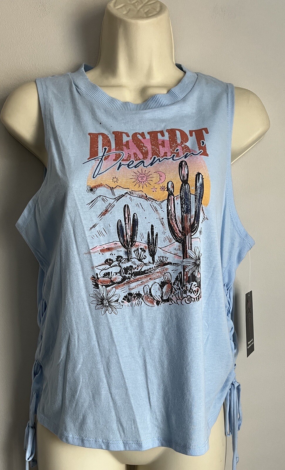New NOBO Women Sky Blue Logo Print Runch Side Tie Racerback Tee Top Sz. XLarge