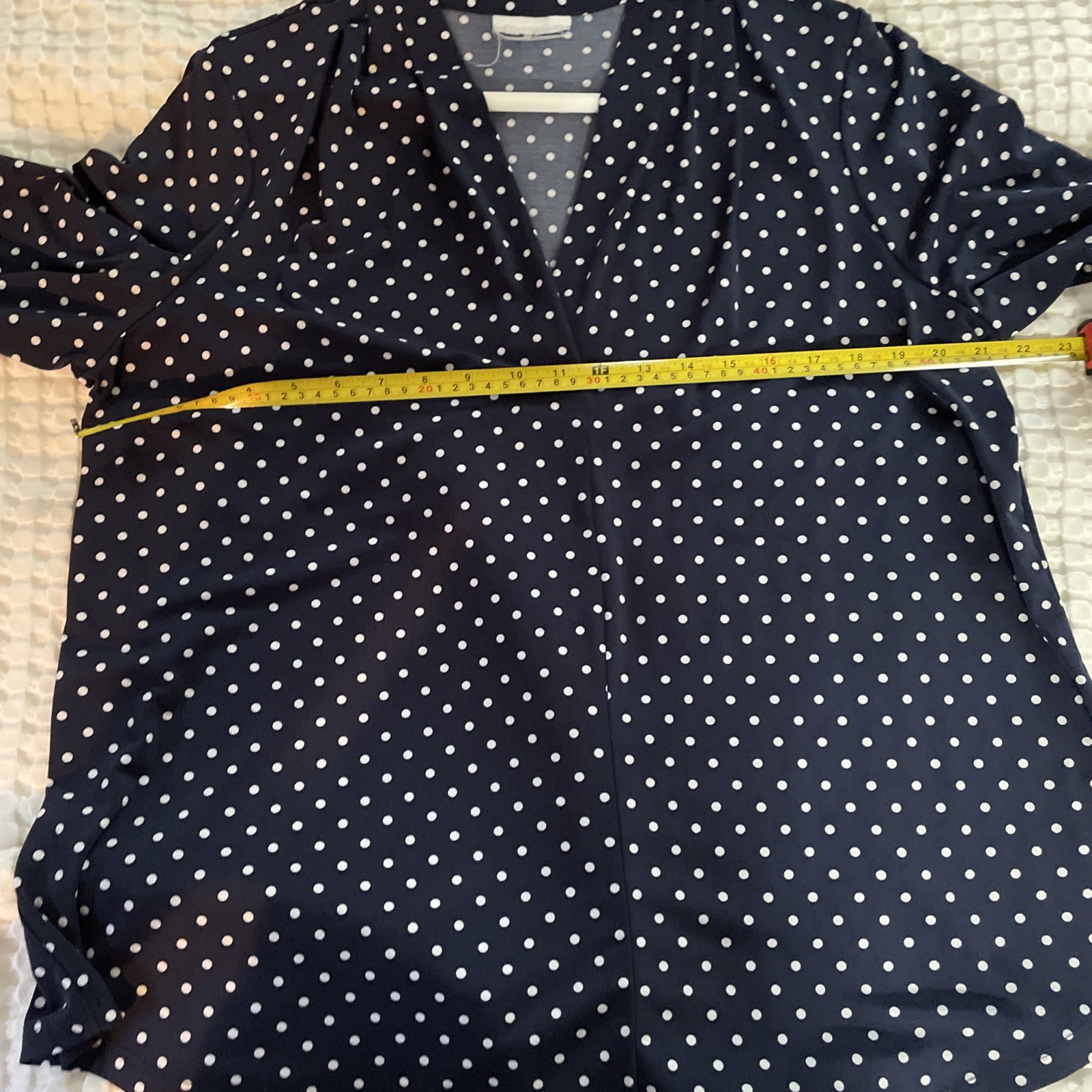 Charter Club Womens Top Size L Navy Blue Polka Dot 3/4 Sleeve V Neck Stretchy