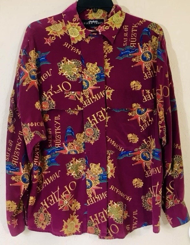 Ellen Tracy Linda Allard Burgundy Brooch Scarf Print 100% Silk Blouse 10