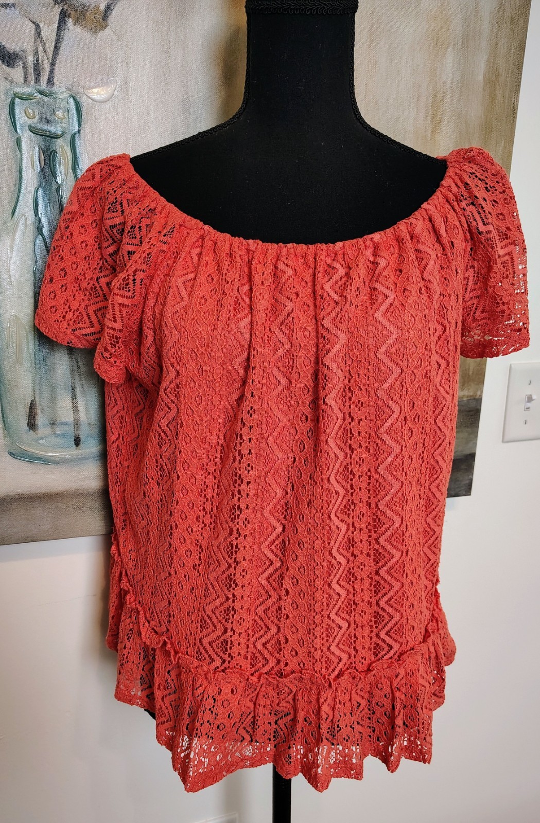 BELLE DU JOUR PEASANT OFF SHOULDER CORAL TOP SHORT SLEEVE LACE LAYERED SZ XL