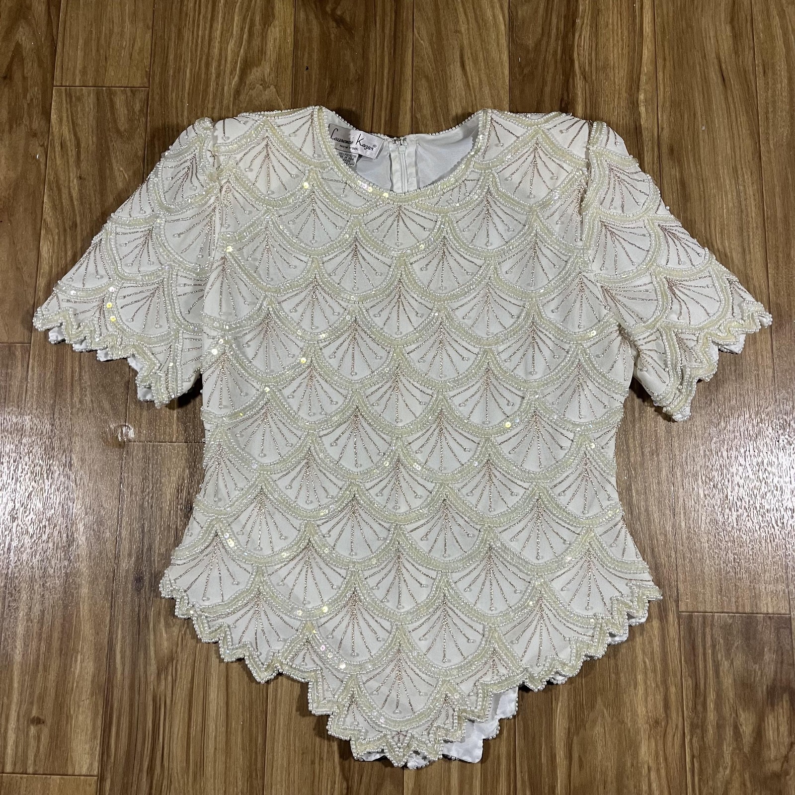 Vintage Laurence Kazar Shirt Womens Large White Beaded Sequin Tunic Top Gatsby