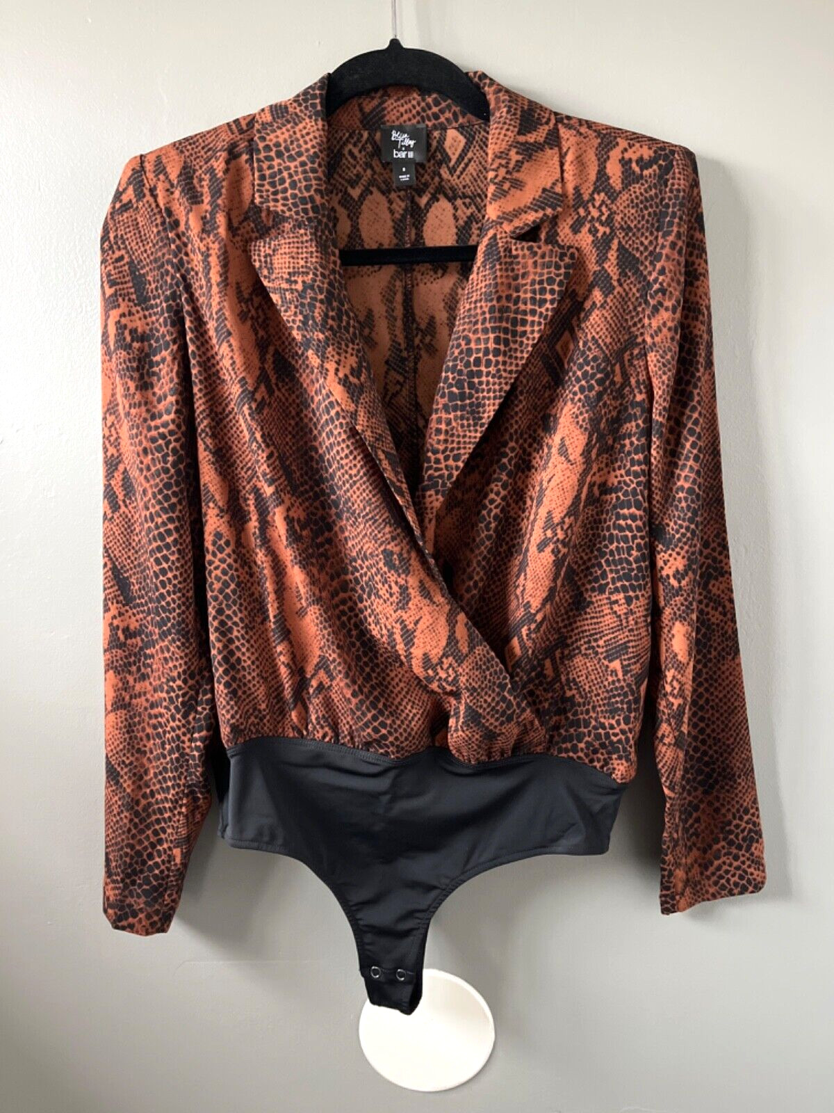 Bar III Becca Tilley Surplice Bodysuit Womens S Snakeskin Print Long Sleeve Top