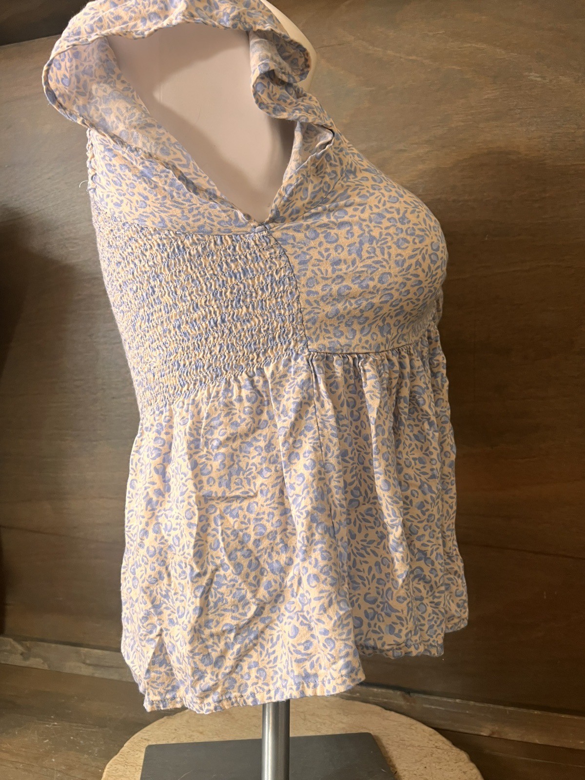 Japna BLUE Floral Ruched Crop Top RUFFLE Sleeve Smocked Romantic Womens Size M