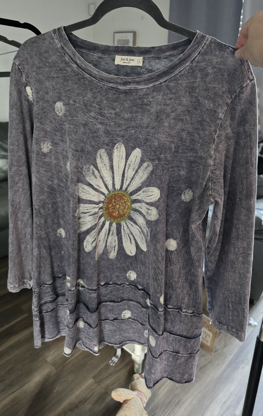 Jess & Jane Womens Gray Floral Daisy Round Neck 3/4 Sleeve Top Sz L 1361