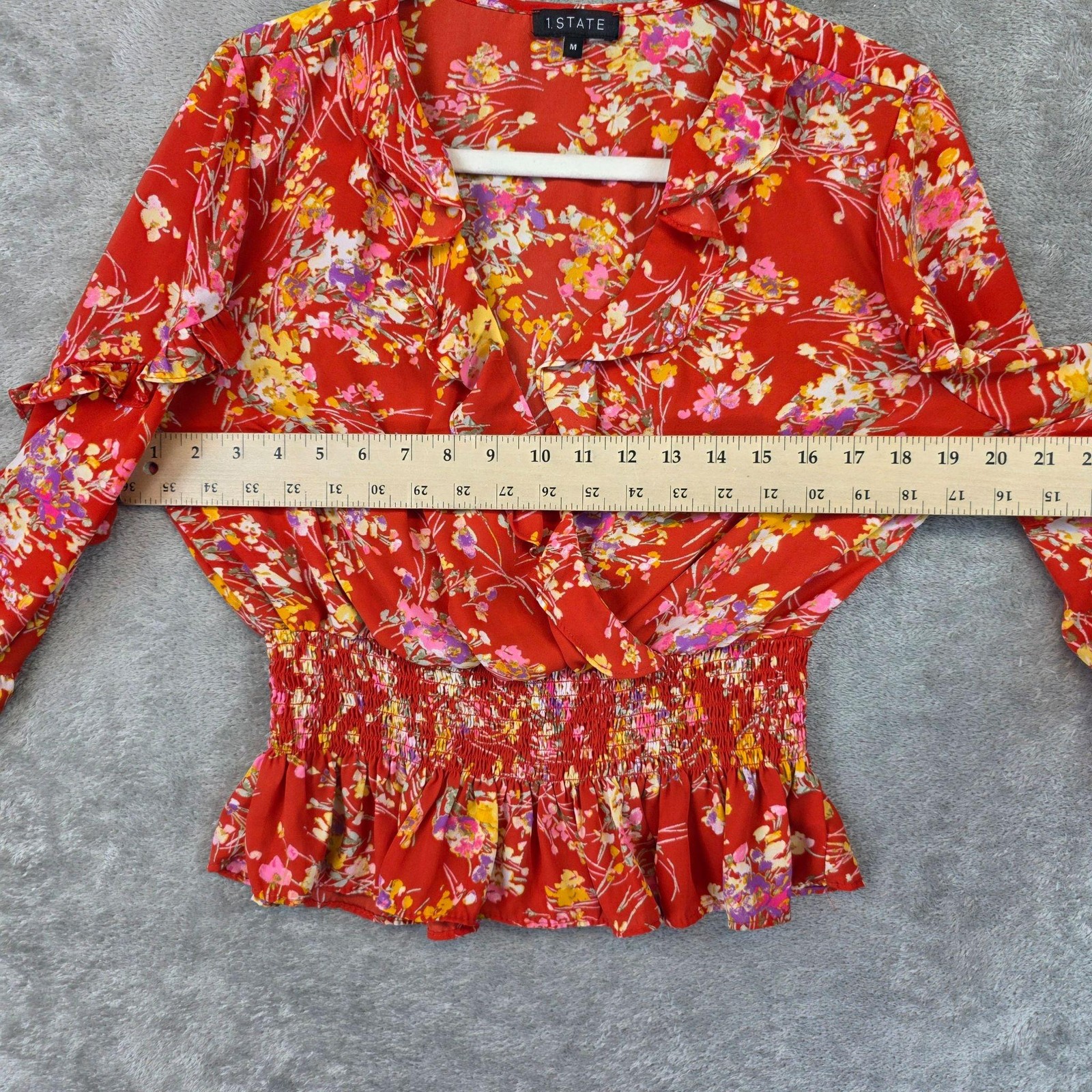 1. STATE Blouse Womens M Red V Neck Long Balloon Sleeve Floral Smocked Cropped