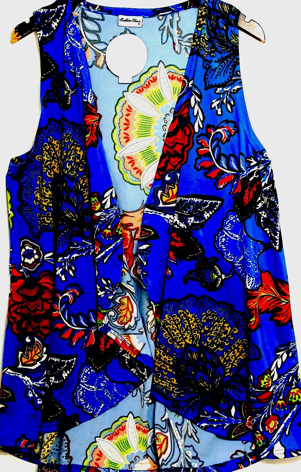 Southern Charm Women’s Blue Floral Sleeveless Vest Open Front Boho Size R