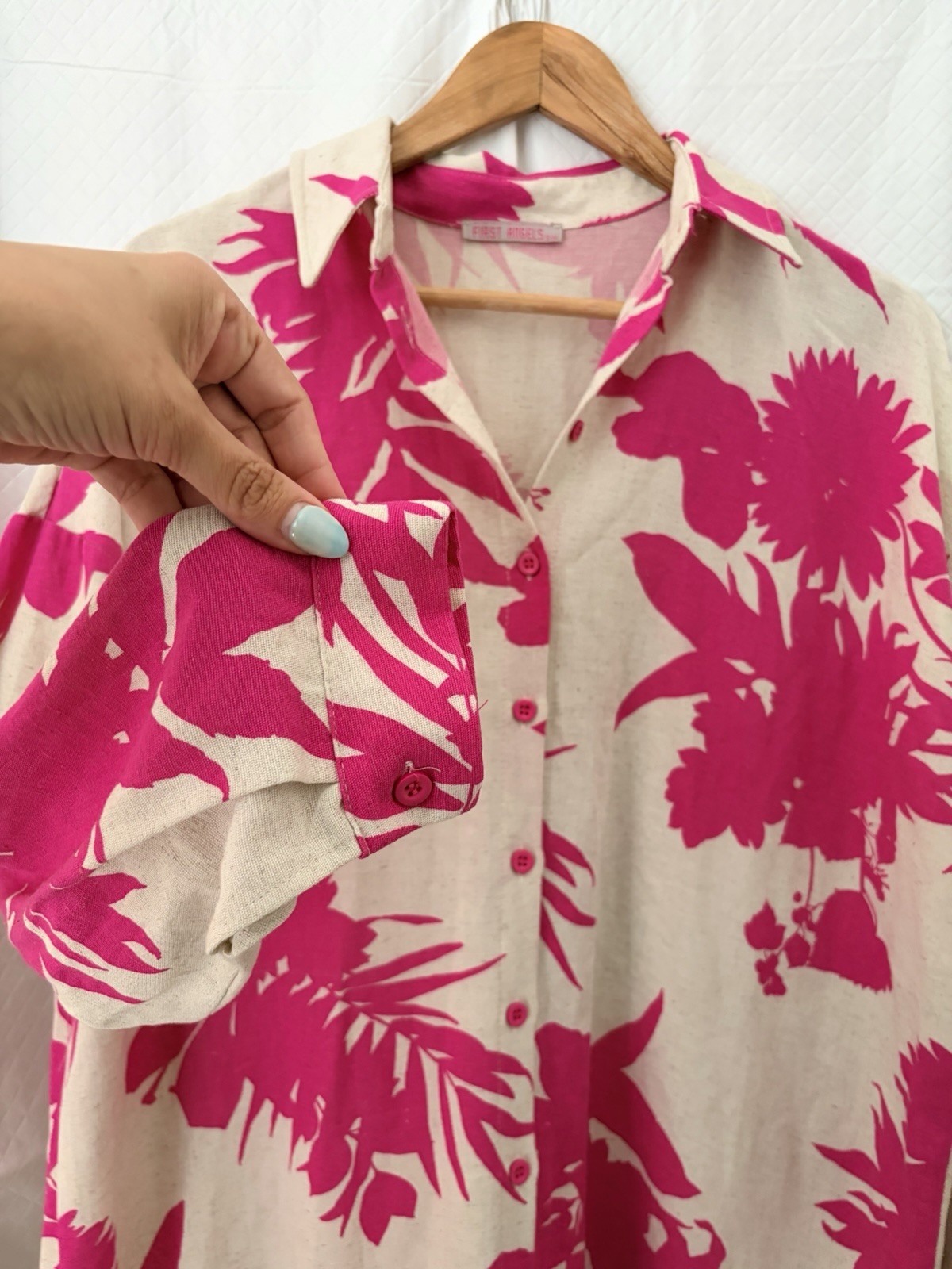 First Angels Button-Front Oversized Long Sleeve Shirt with Hot Pink Dress Shirt