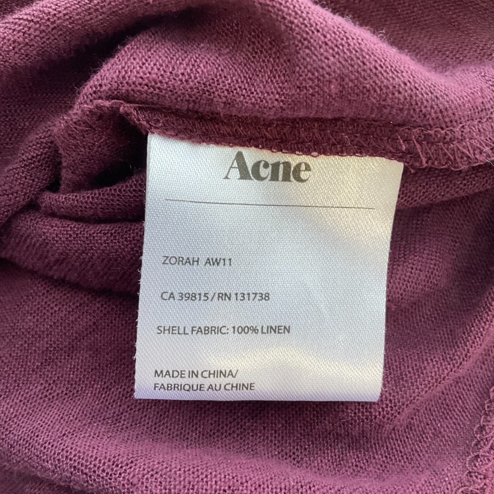 ACNE STUDIOS Top Womens Size Small Zorah T Shirt Purple Linen Oversized Sheer