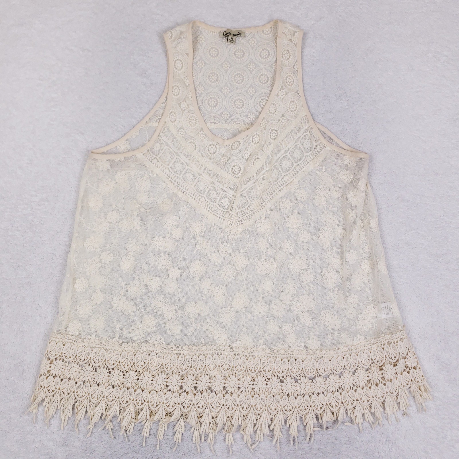 Haute Monde Lace Tank Top Womens XL Cream Boho Crochet Fringe Festival
