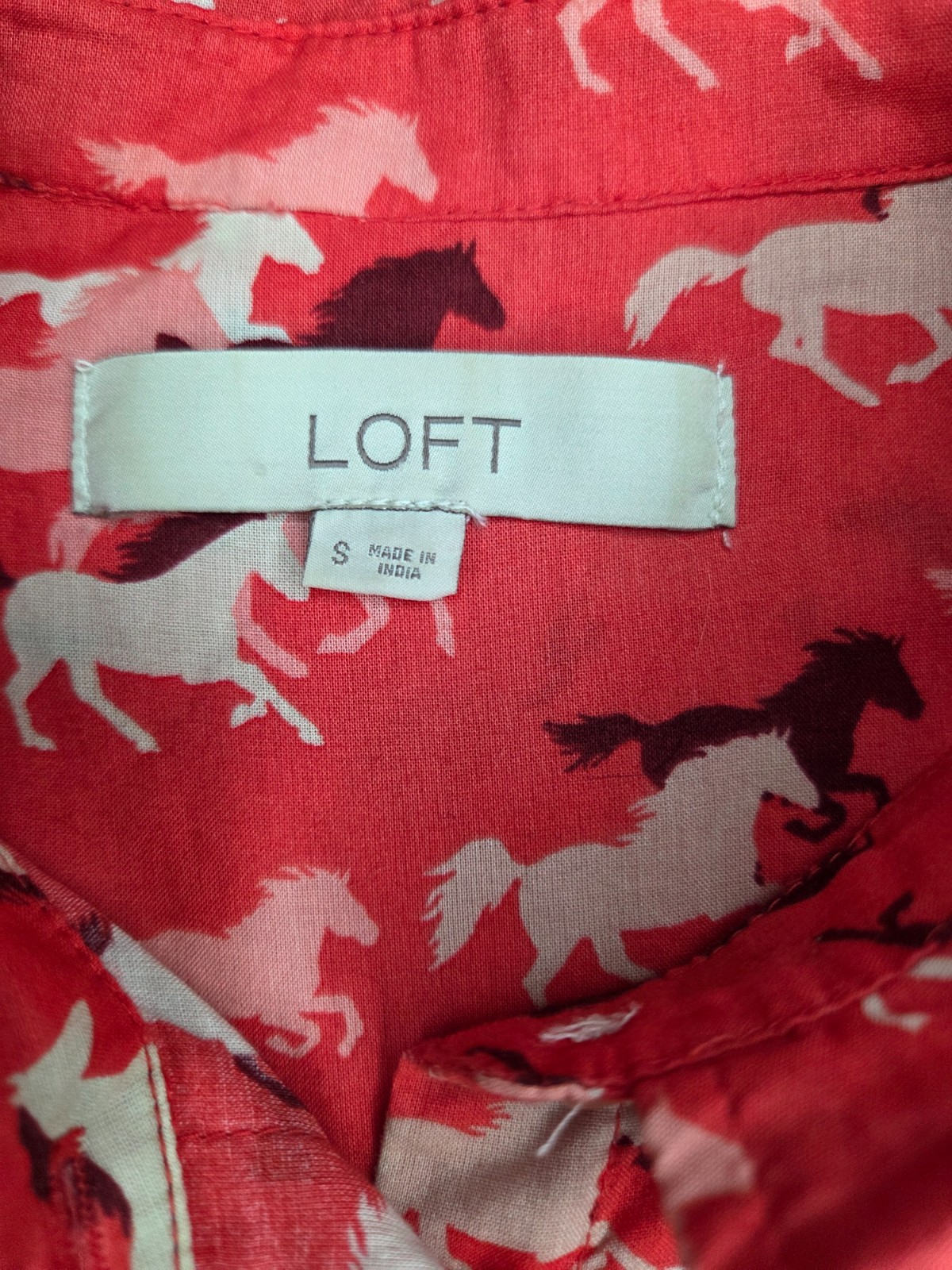 LOFT Shirt Womens Small Red Cotton Long Sleeve Horse Print Button Up Equestrian