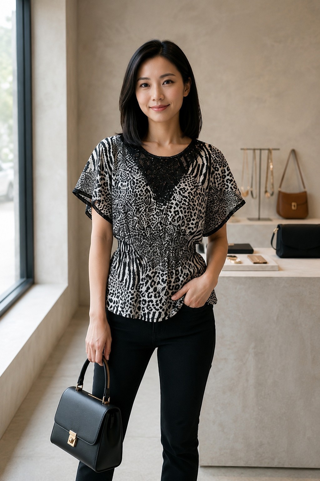 HeartSoul Mixed Animal Print Blouse Small Lace V-Neck Smocked Waist Poncho Top