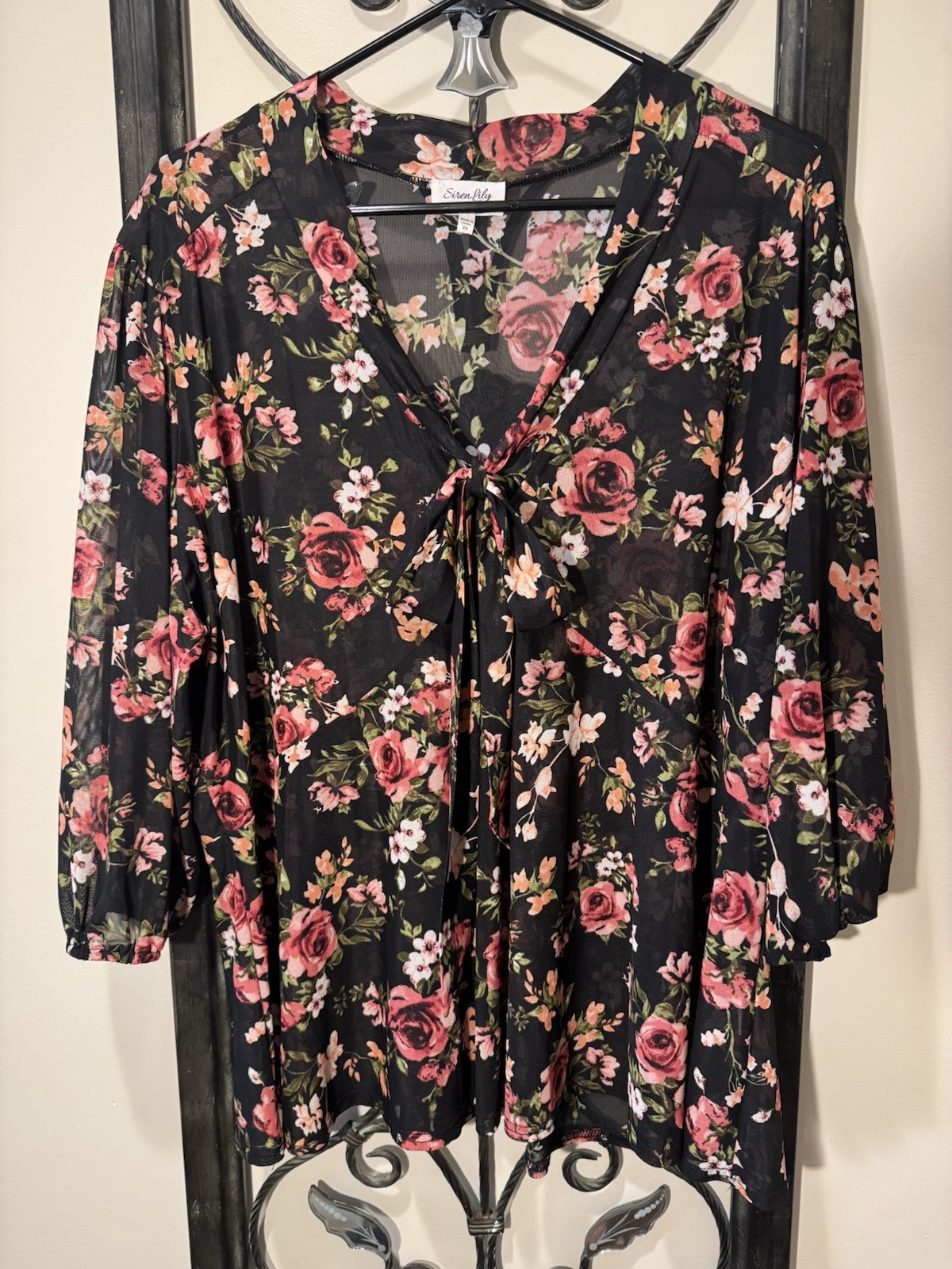 Siren Lily Blouse Women’s 2X Floral Mesh V-Neck Short Sleeve Sheer Top Boho