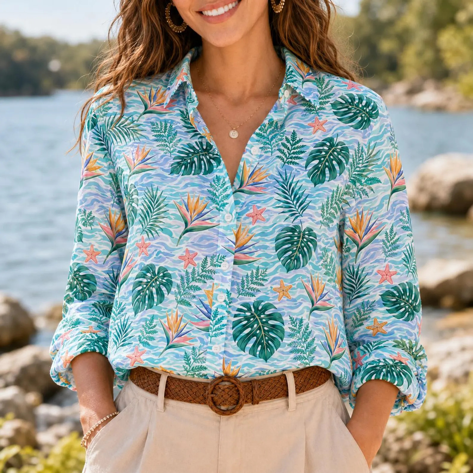 Coastal Tropical Blouse Shirt Gift For Beach Vacation Lovers, Casual Shirt