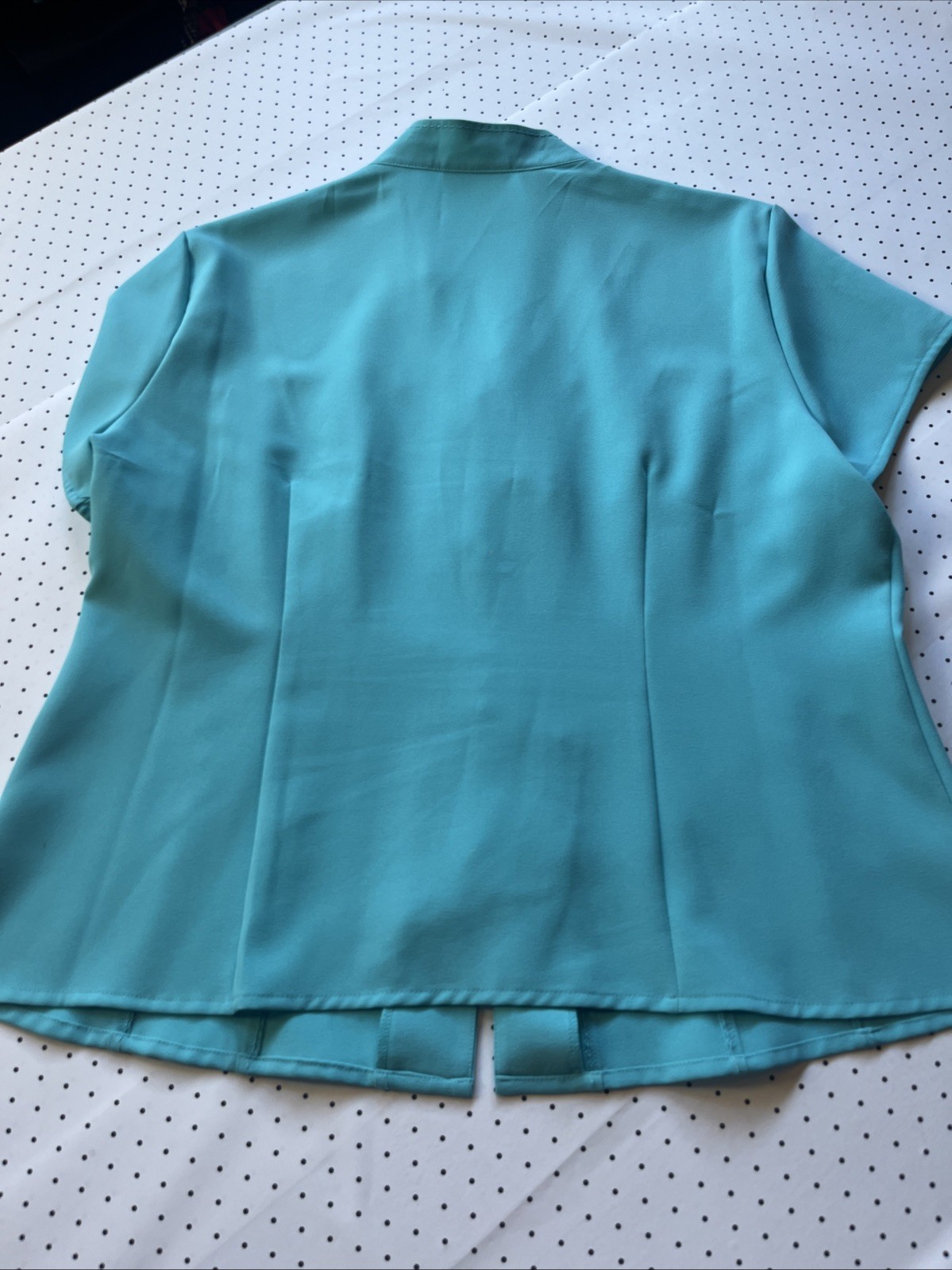 Vintage Turquoise Blouse L Covered Button Front Stretch Career Top Lagoon Blue