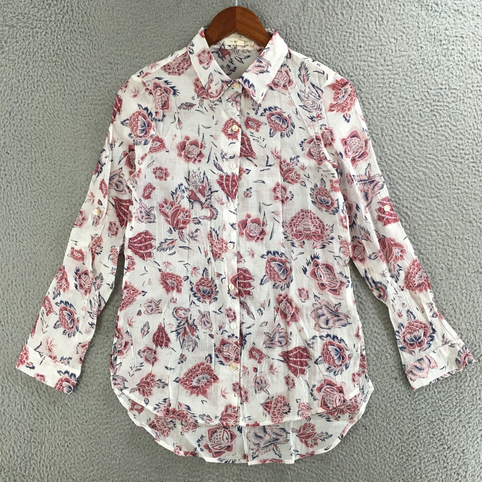 BD Collection Button Up Shirt Womens S Long Sleeve Point Collared Floral White