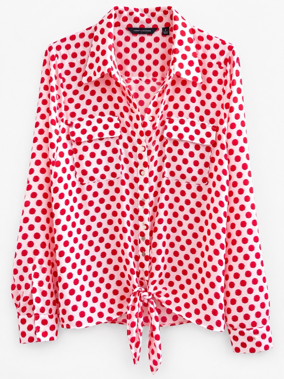 Investments Woman Blouse Tie Front White With Red Polka Dots Large