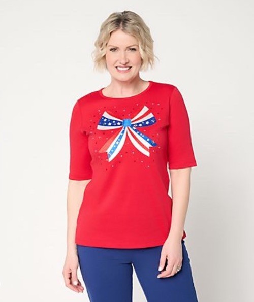 Quacker Factory NWT 1x Stars & Stripes Forever Elbow Top Retail $66 Lipstick Red