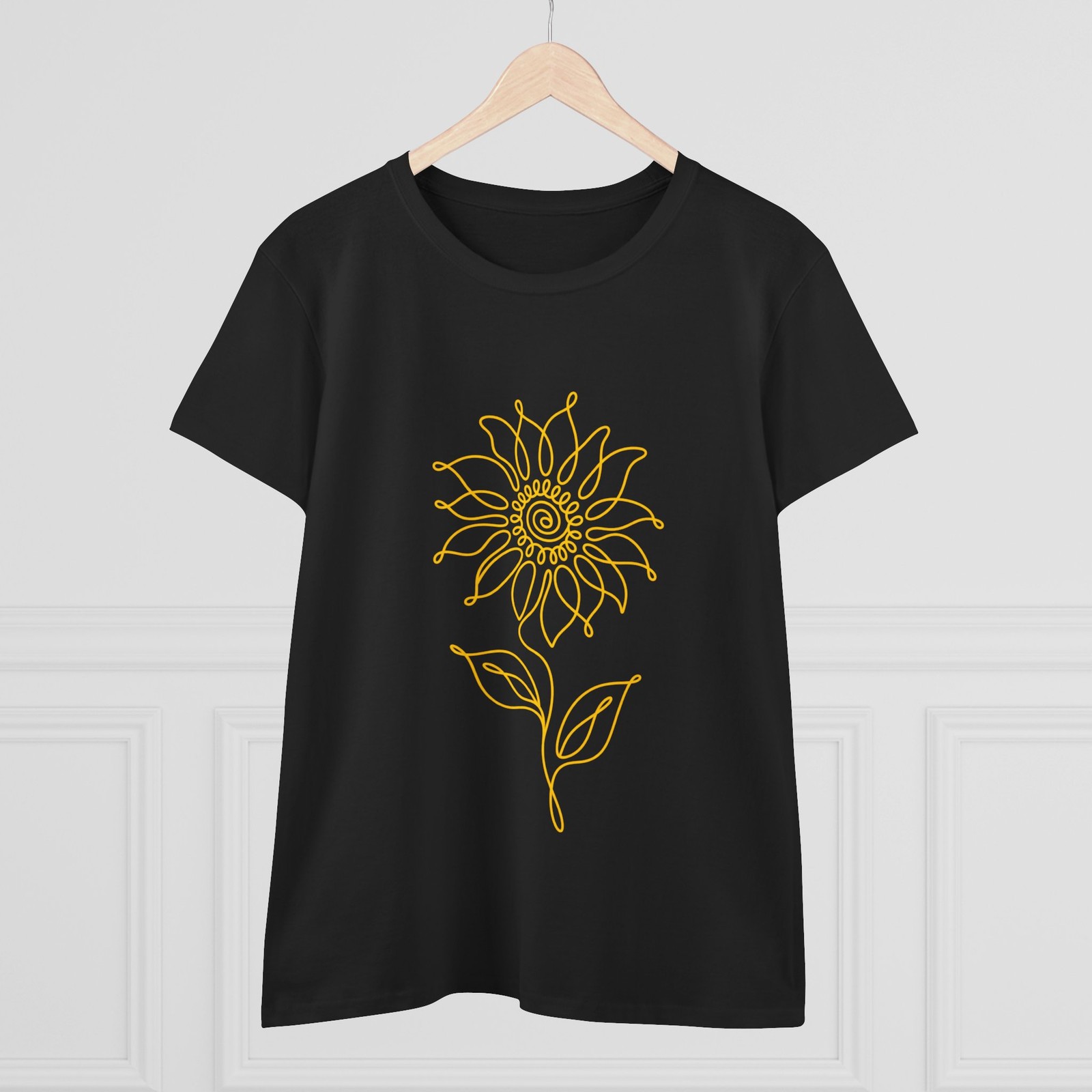 Women Collection Sunflower Line Art Tee | Minimal Floral, Yellow Outline T-shirt