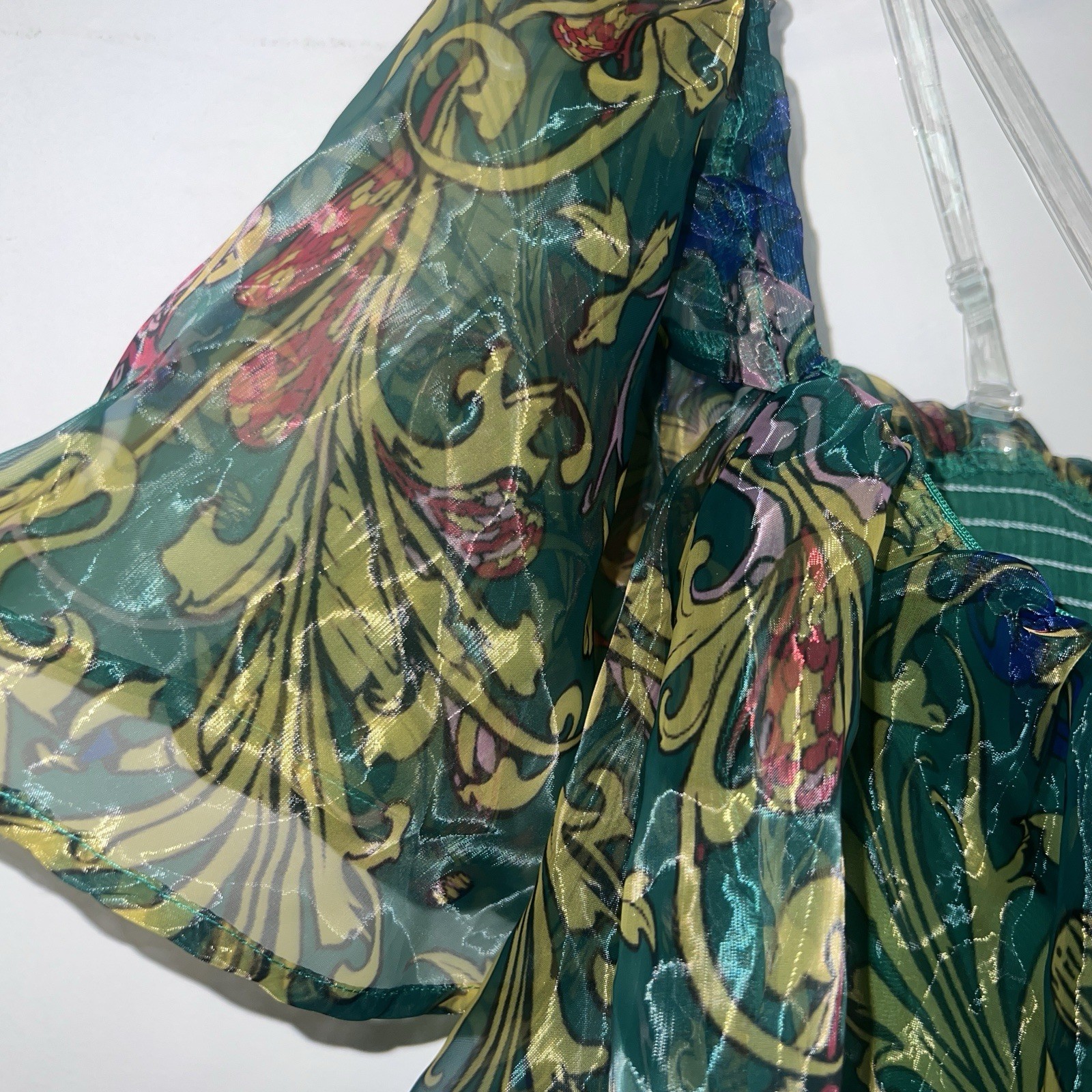 Off-Shoulder Print Smocked Crop Top with Elastic Flutter Sleeves – Green Bustier