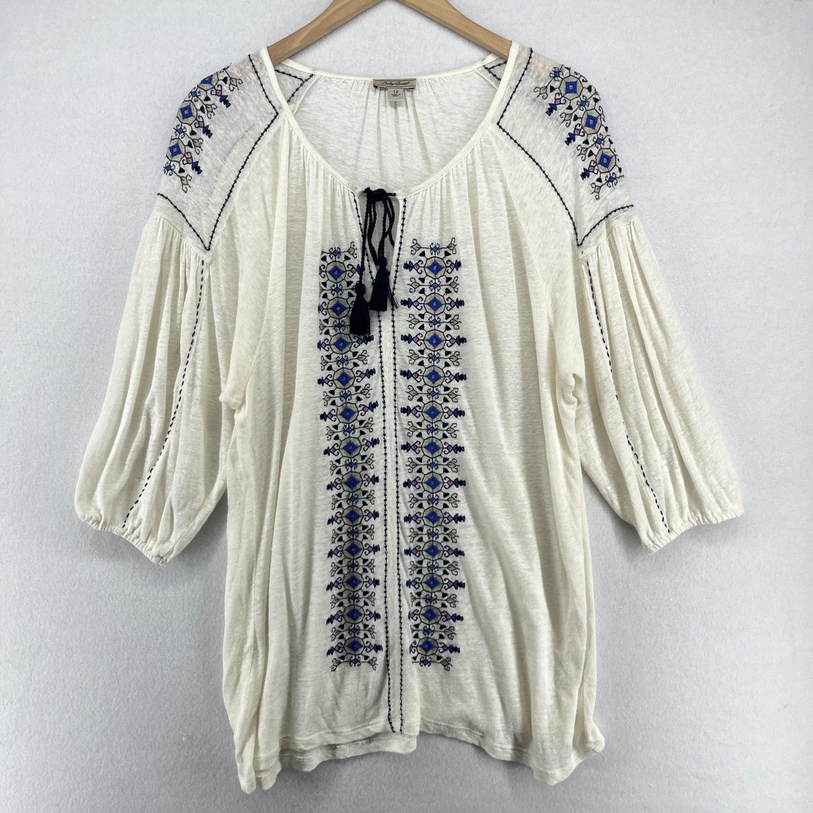 LUCKY BRAND Top 1X Plus Boho Peasant Tunic Tassel Tie Slub Linen Blend Off White