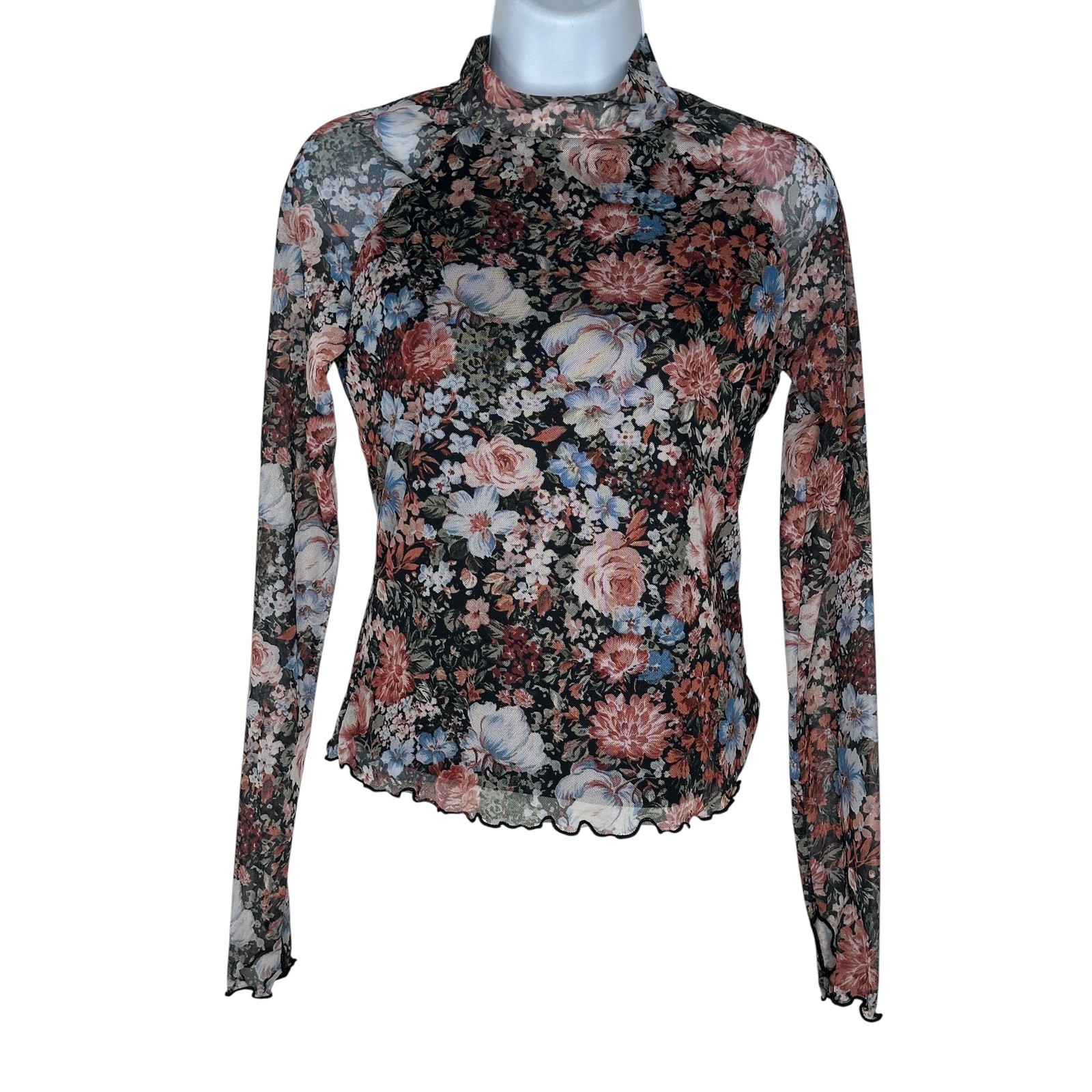 Dealmore Floral Mesh Top Small Sheer Mock Neck Boho Feminine Girly Romance