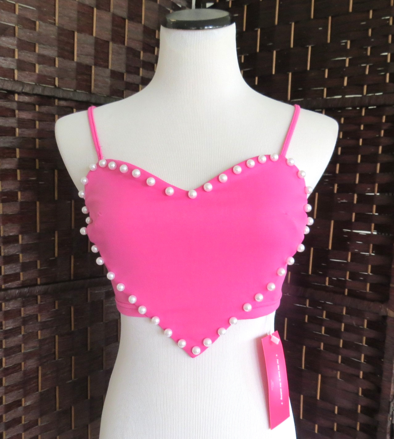 Pink Heart Shape Large Pearls Crop Top Adjustable Straps Stretch Barbie Core