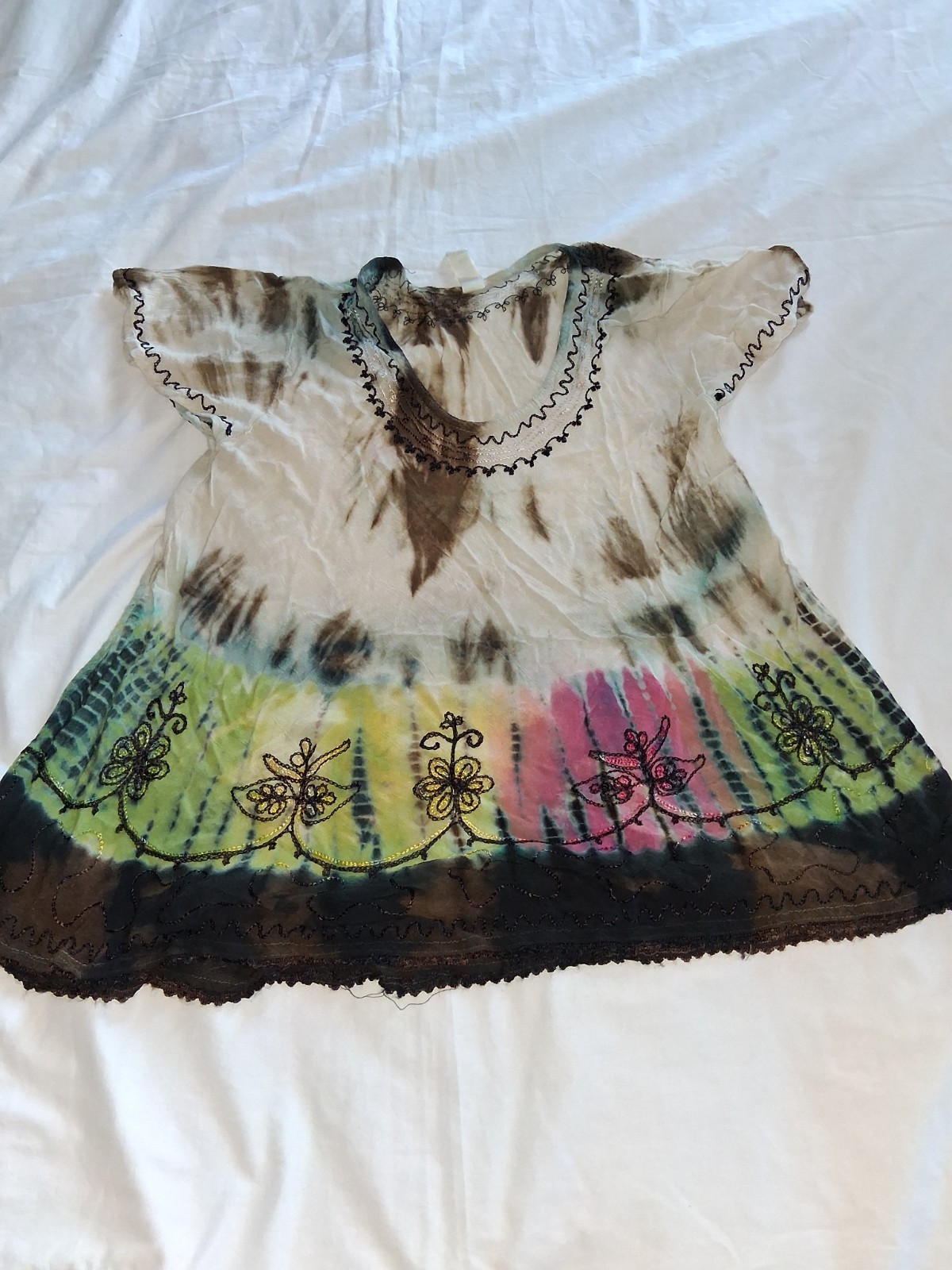India Boutique Women’s Medium Tie Dye Embroidered Boho Top Sheer