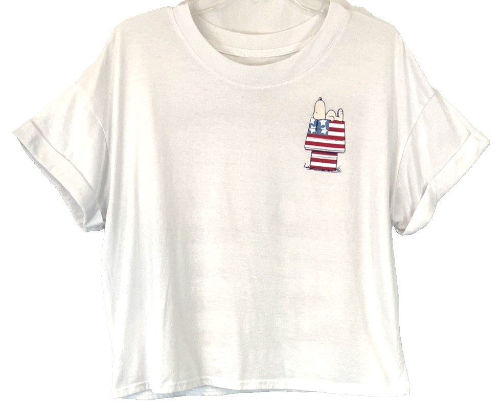 Peanuts Snoopy American Flag Graphic Cuffed T Shirt Sz L White Women CB60M