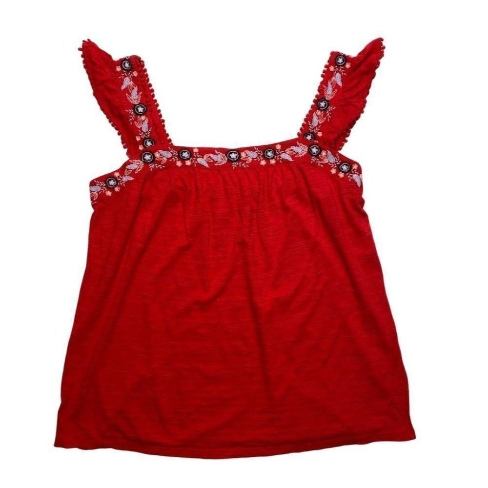 Style & Co Tank Top XL Red Embroidered Cotton Pointelle Flutter-Strap NEW
