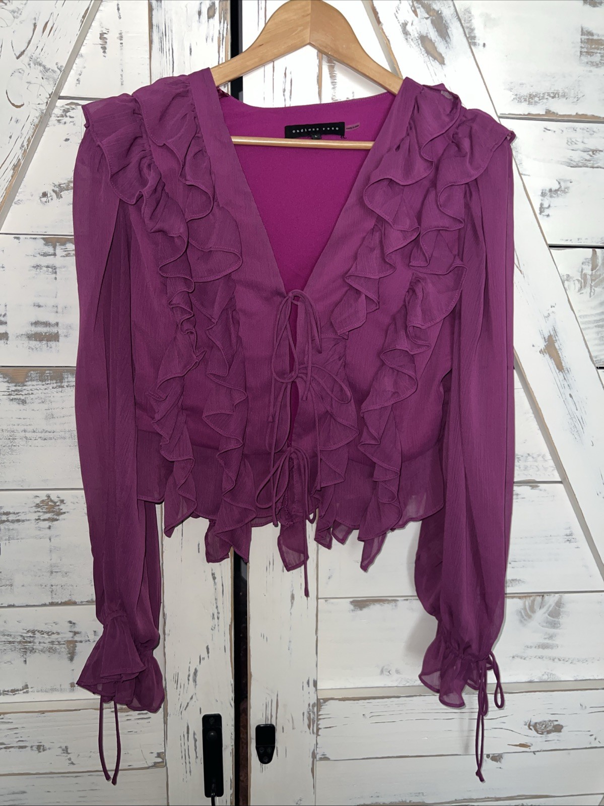Endless Rose Shirt Fuschia Pink Tie Front V Neck Ruffle Bell Slv Sheer Sz L NWOT