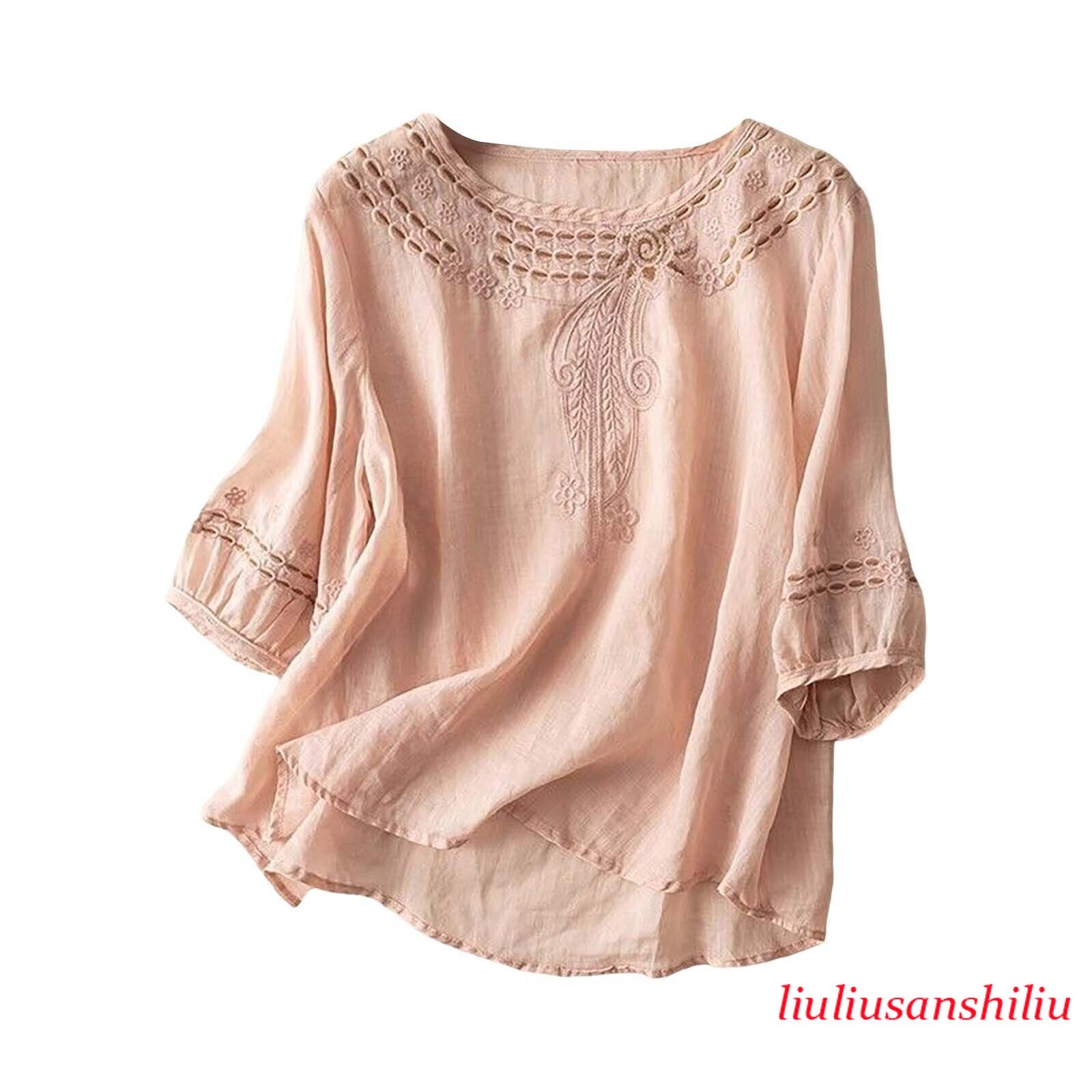 Women’s Cotton Linen Tunic Top Shirt Summer Casual Baggy Plain Blouse Plus Size