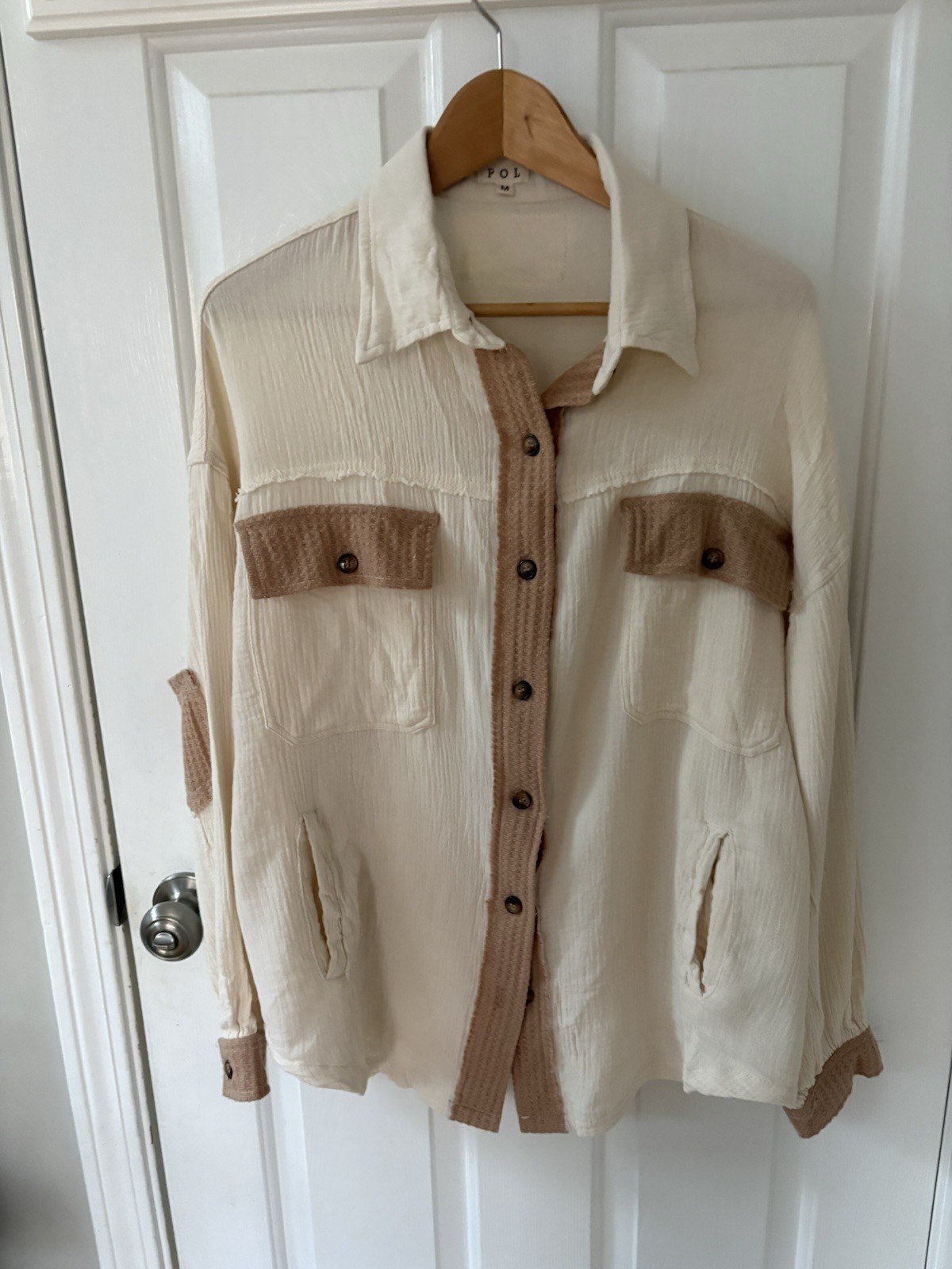 POL Off White Button Up Top Shirt Women M Boho Shabby Chic Raw Edges Art Peasant
