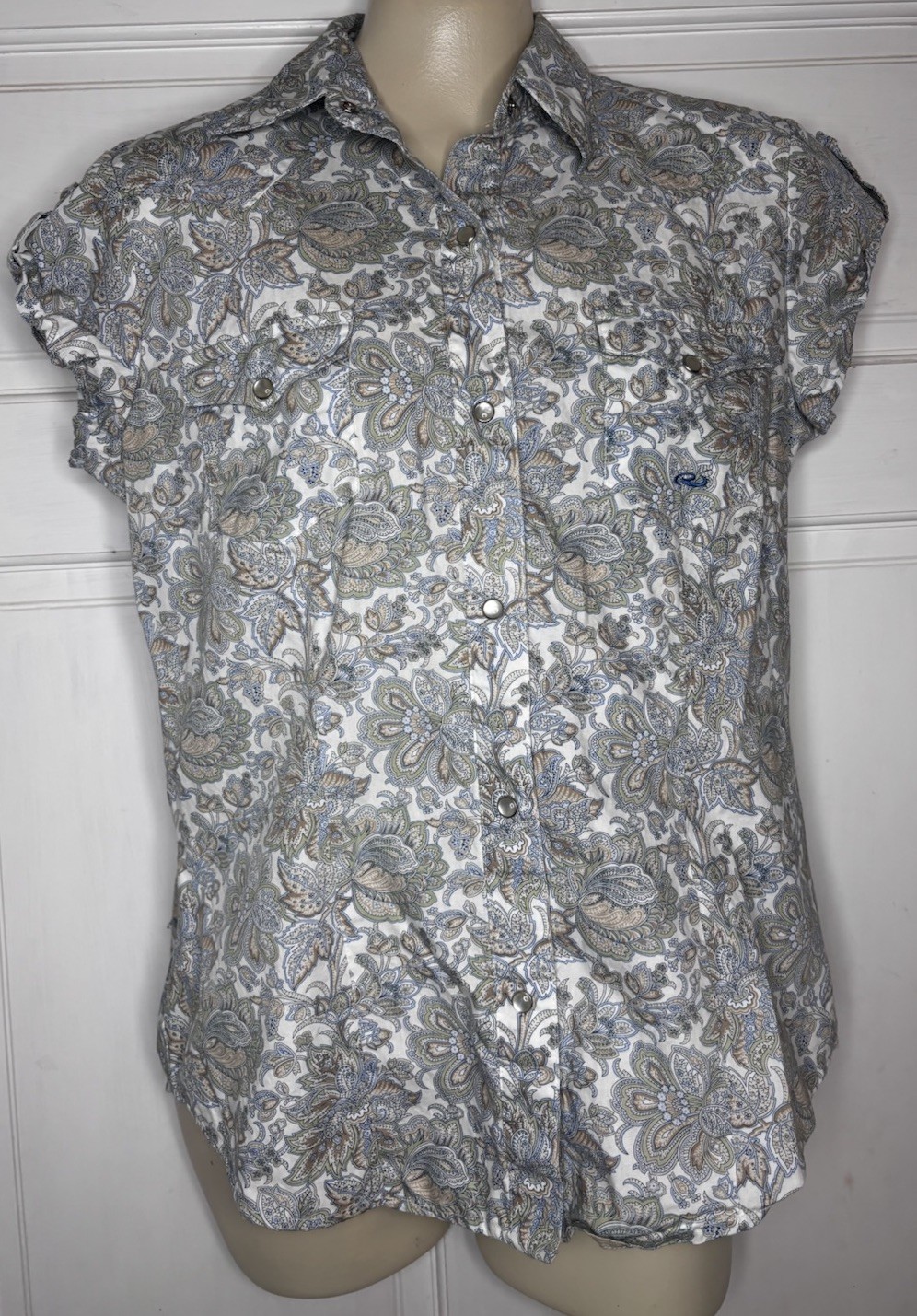 Roper Western Women’s Roll Cap Sleeve Pearl Snap Shirt Size Medium Grey Paisley