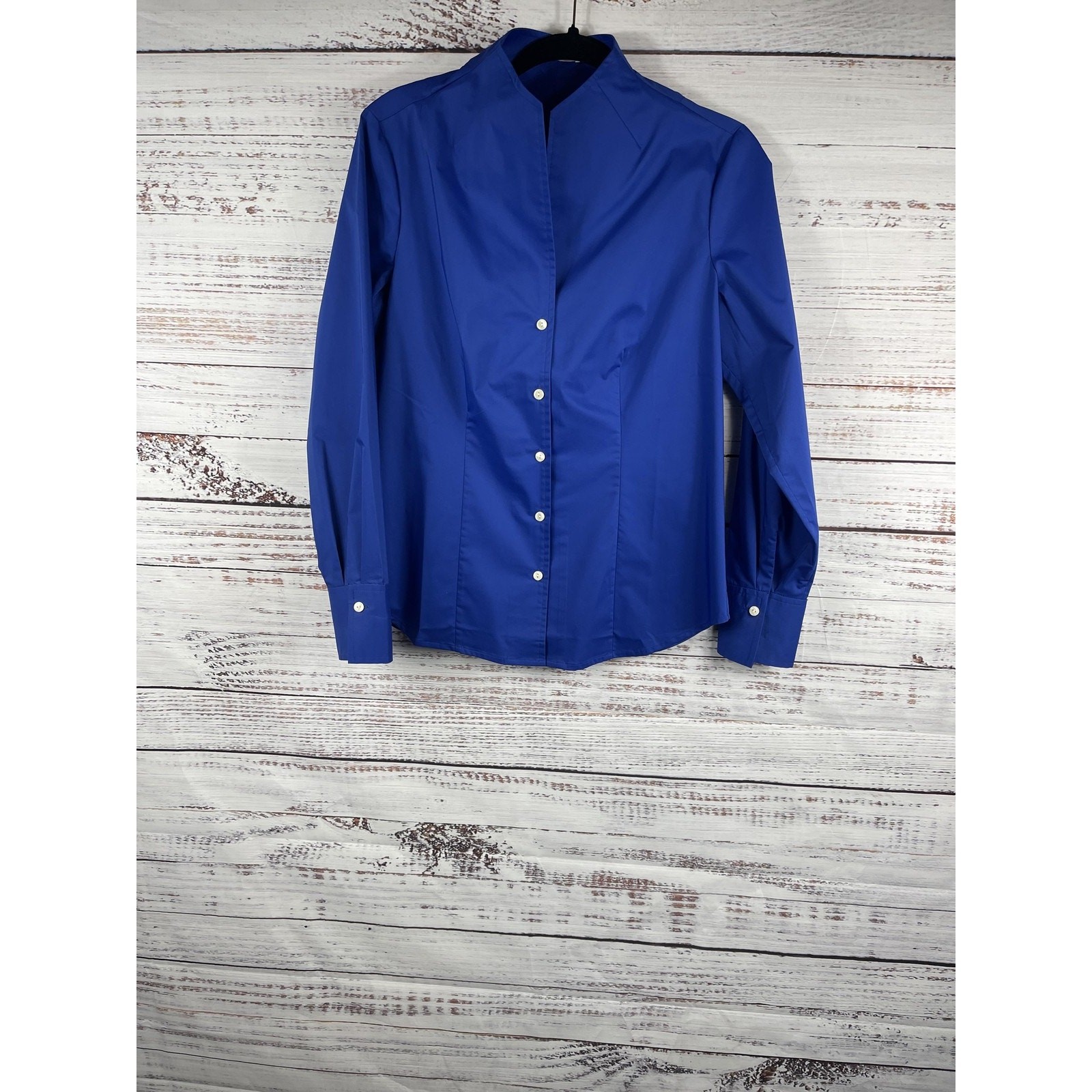 Hinson Wu Shirt Womens Size M Blue Stretch Button Front Stand Collar Long Sleeve