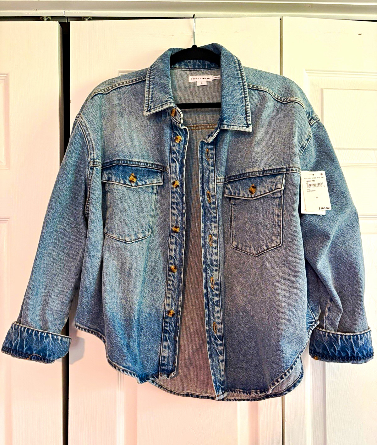 Good American Women’s Blue Denim Button-Up Collared Long Sleeve Shirt L