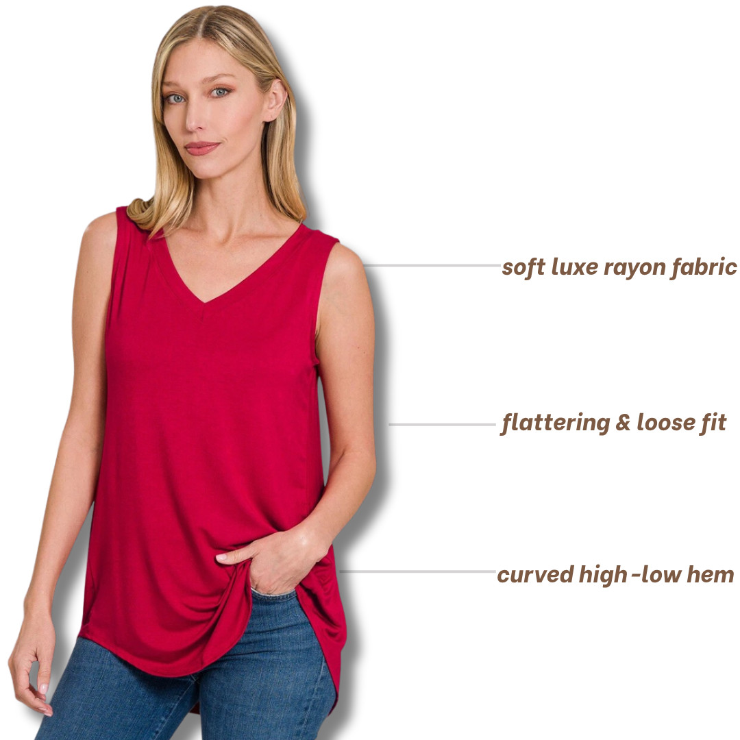Luxe Rayon V-Neck Sleeveless Rayon Top Hi-Low Dolphin Hem Long Tank Tunic