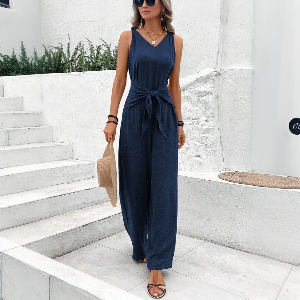 Women’s V Neck Sleeveless Tie Waist Wide Leg Jumpsuit Romper Summer Casual