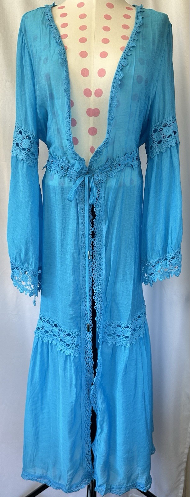 Blue Lace Trim Tie Front Kimono Duster Maxi Cover Up Boho Beach