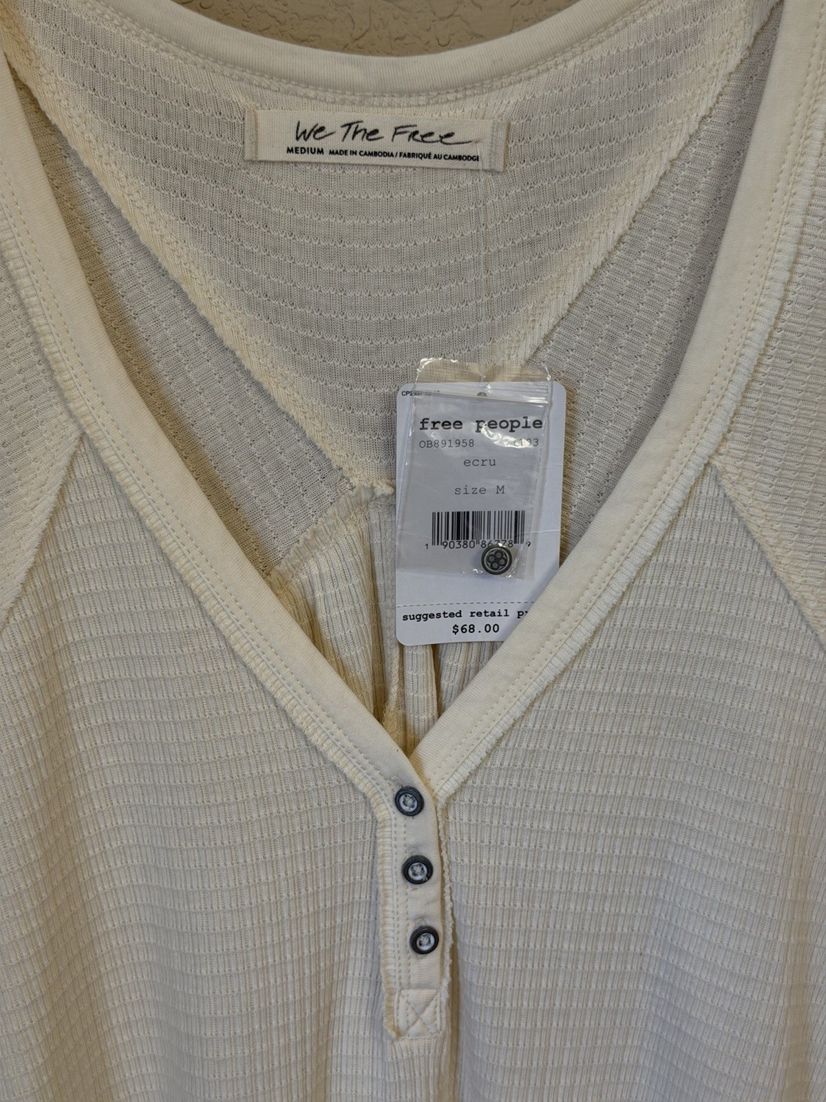 NWT Free People Ivory Button Down Henley Waffle Knit Tunic Top Women’s M