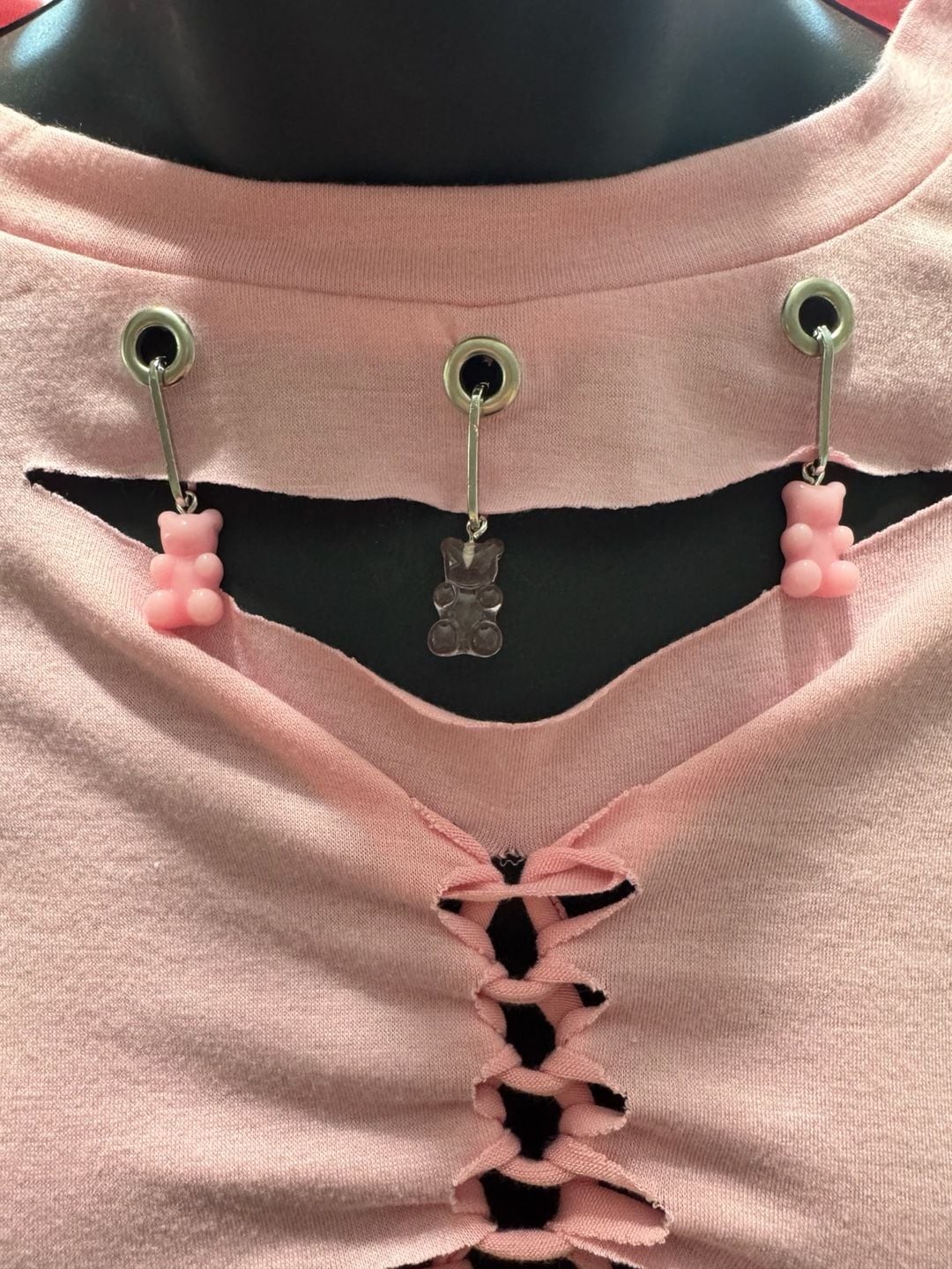 Customized Pink Distressed Grunge Style Cut-Out Crop Top with Gummy Bear Charms