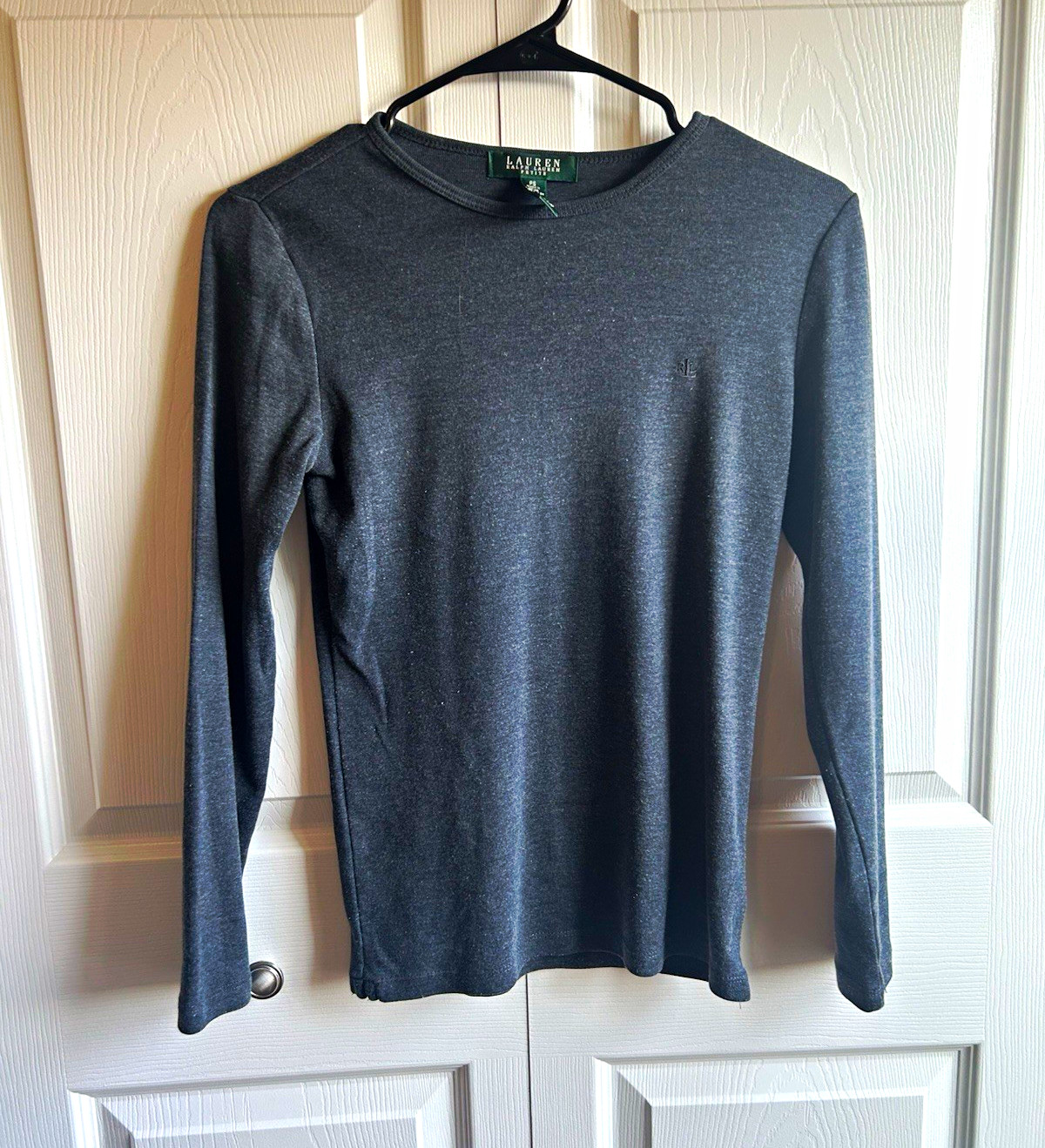 Lauren Ralph Lauren Women’s Petite PS Gray Solid Knit Logo Crew Neck T-Shirt