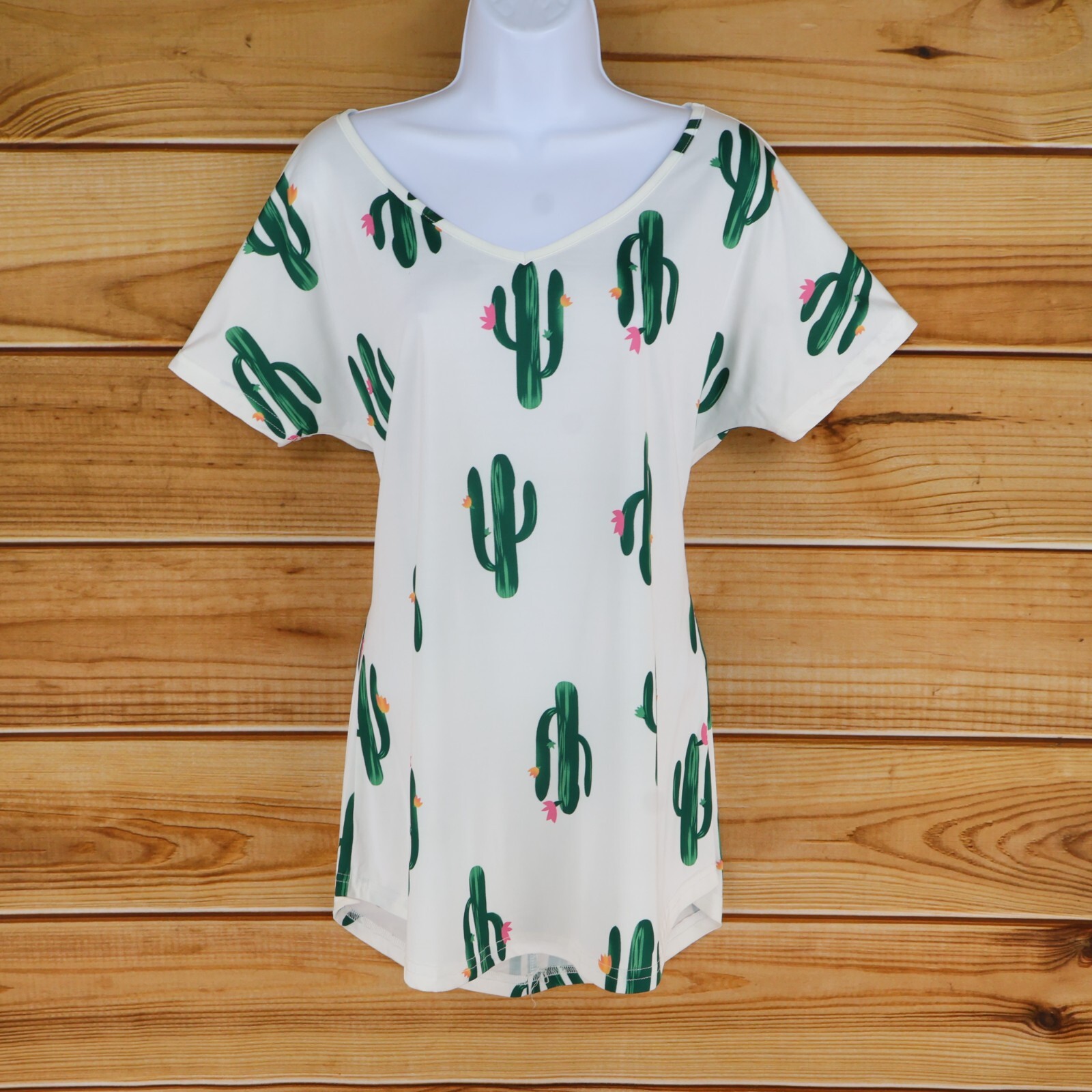 Tickled Teal Short Sleeve Shirt Womens Size L White Cactus Stretch V-Neck Soft