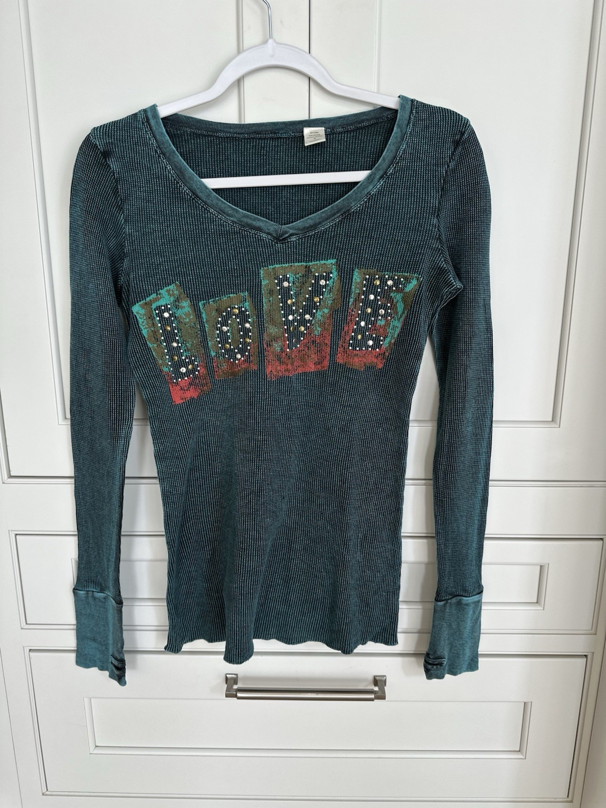 Y2k Waffle Knit Thermal Love Graphic Hippie Fairy Grunge Deep V Thumb Holes sz S