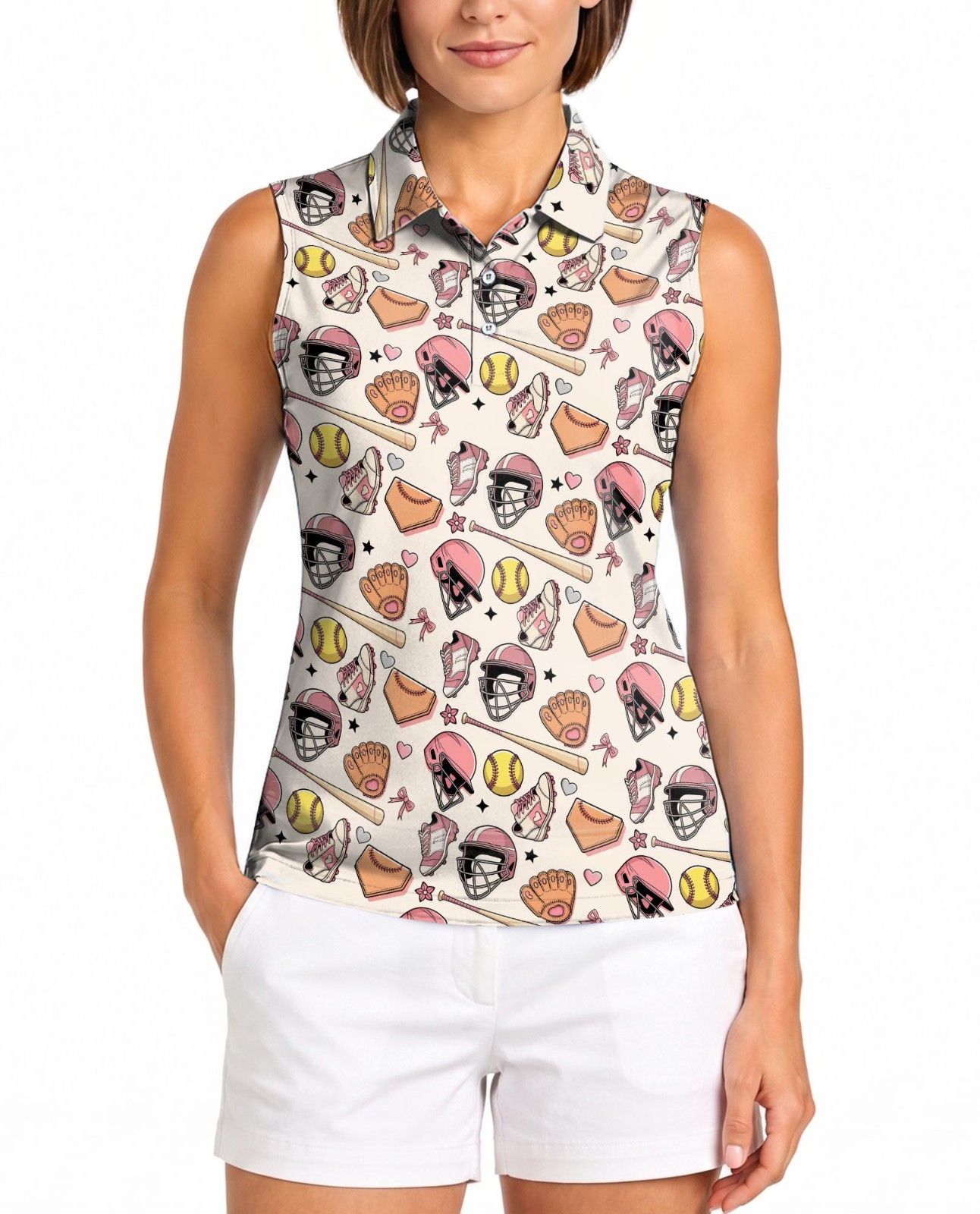 Softball Pastel Pattern Women’s Sleeveless Performance Polo Shirt for Golf Tenni