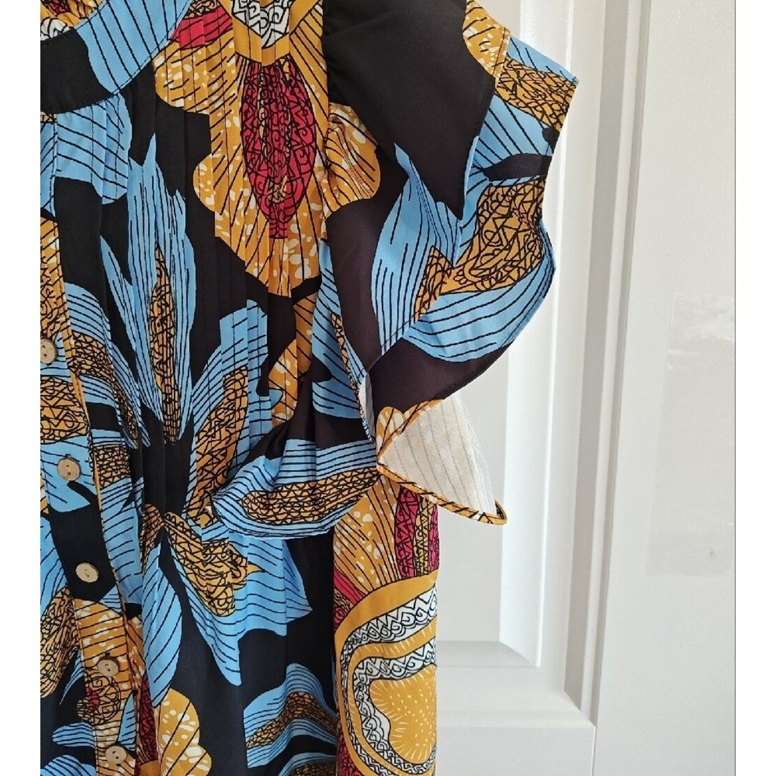 Floral Ruffle Sleeve Button Down Blouse Blue Yellow Pleated Front Women medium
