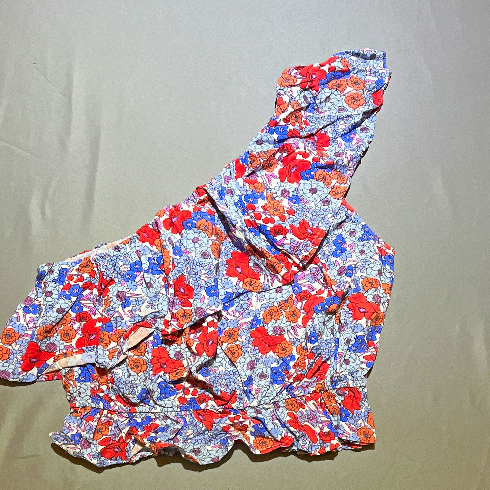 Japna Women’s M Blue Red White Floral Ruffle One Shoulder Woven Rayon Crop Top