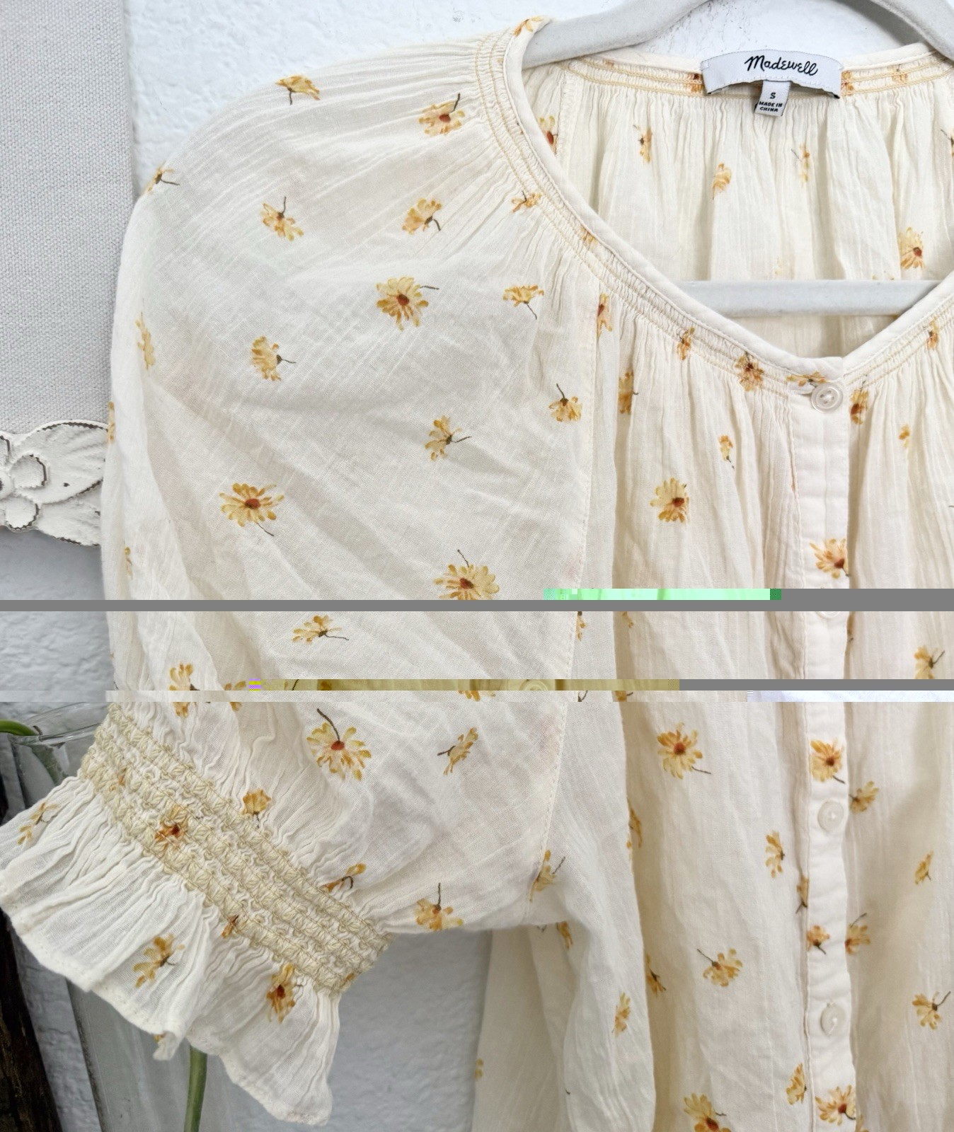 Madewell Smocked Ruffle Button Up Top French Daisies Peasant Prairie Cottagecore