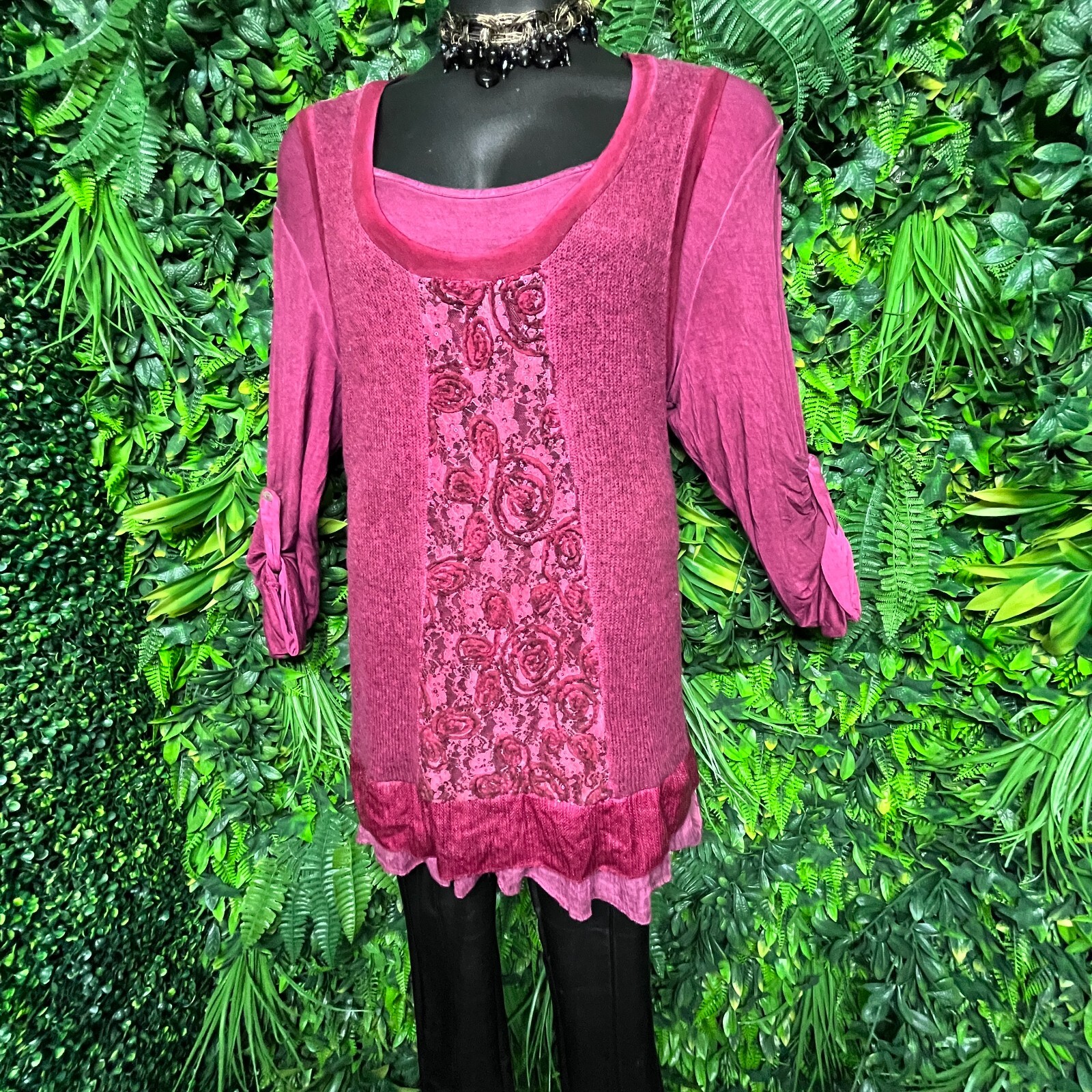 FANTAZIA Tops Women XL Wine Red Embroidered Sequin Lace Knit Blouse Detail 1247
