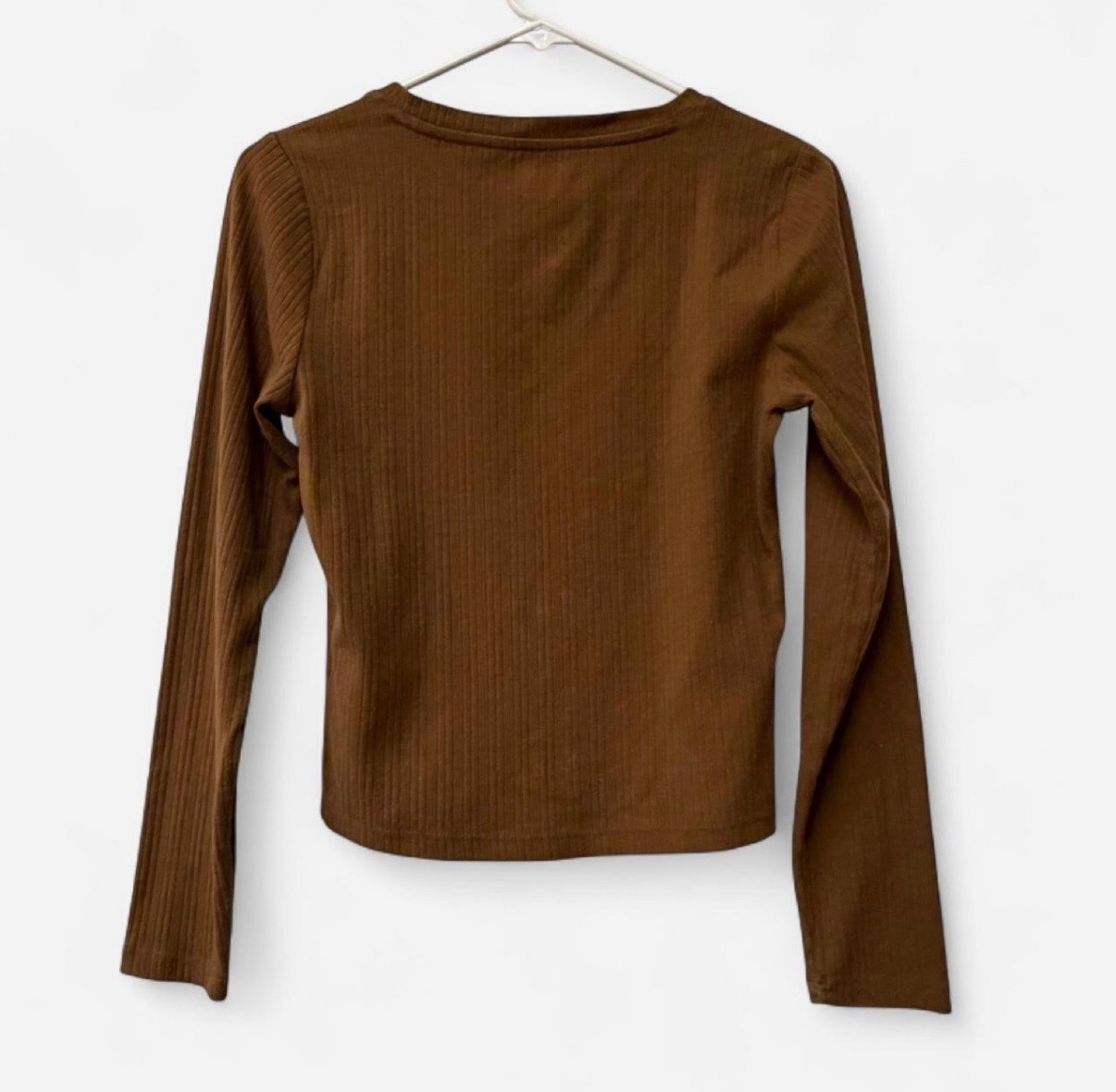 Old Navy Brown Ribbed Square Neck Long Sleeve Top Women Medium Stretch Fitted